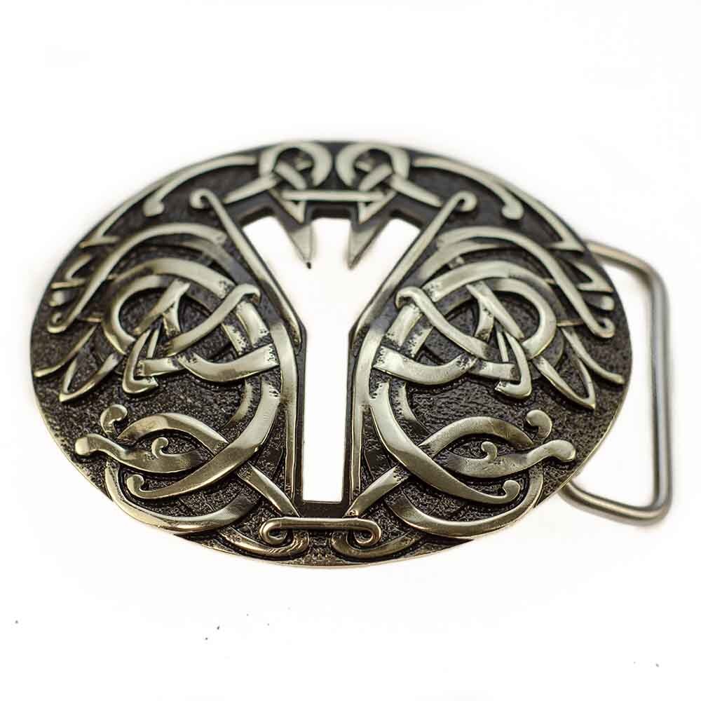 Runic german silver belt buckle Algiz, Life Rune Celtic Old Norse Scandinavian
