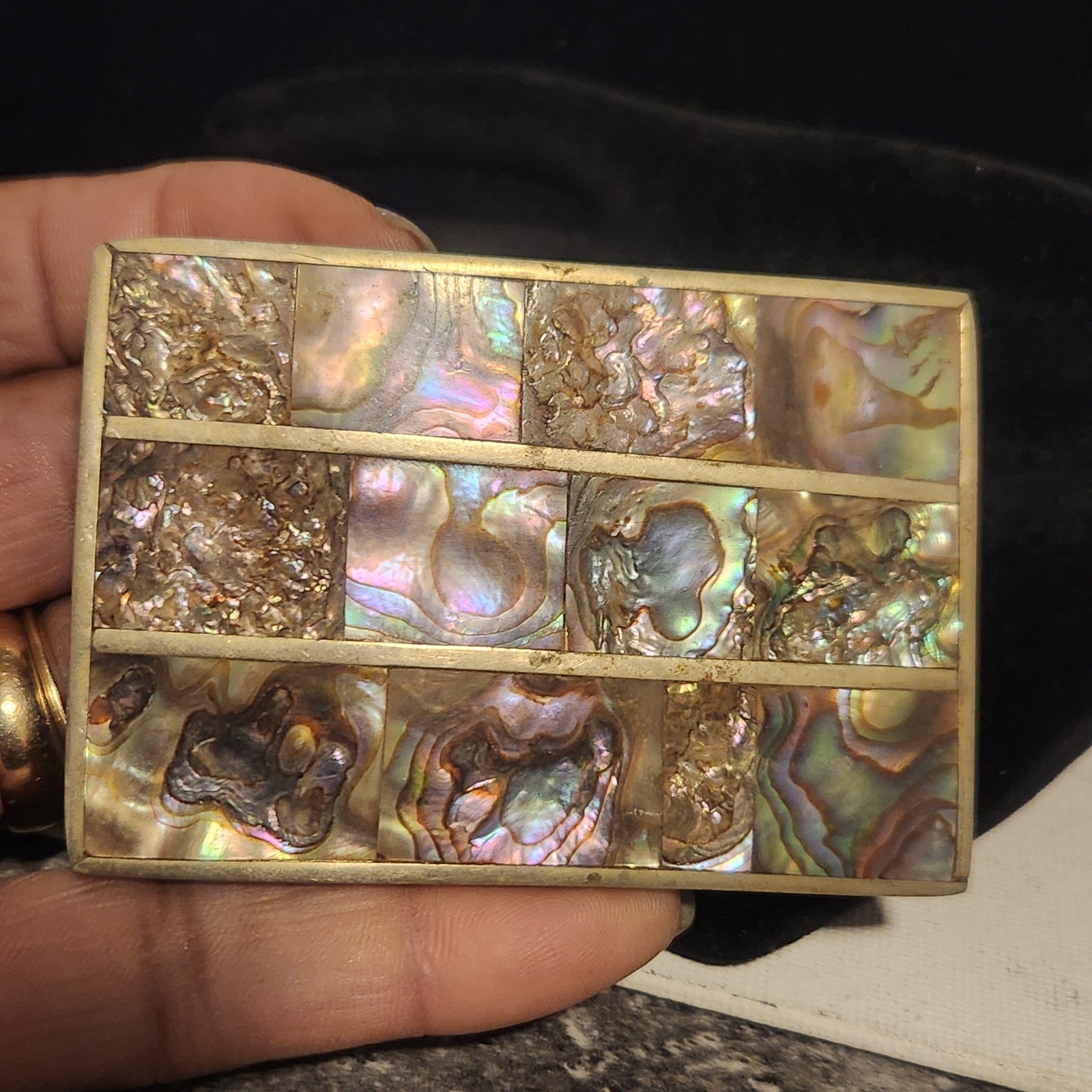 Vintage Hecho en Mexico Alpaca Silver Abalone Shell Mosaic Belt Buckle Rectangle