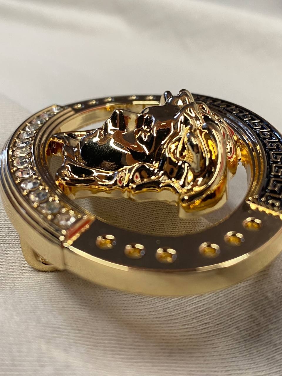 Gold Medusa Head Belt Buckle Black Greek Key Crystal Oval