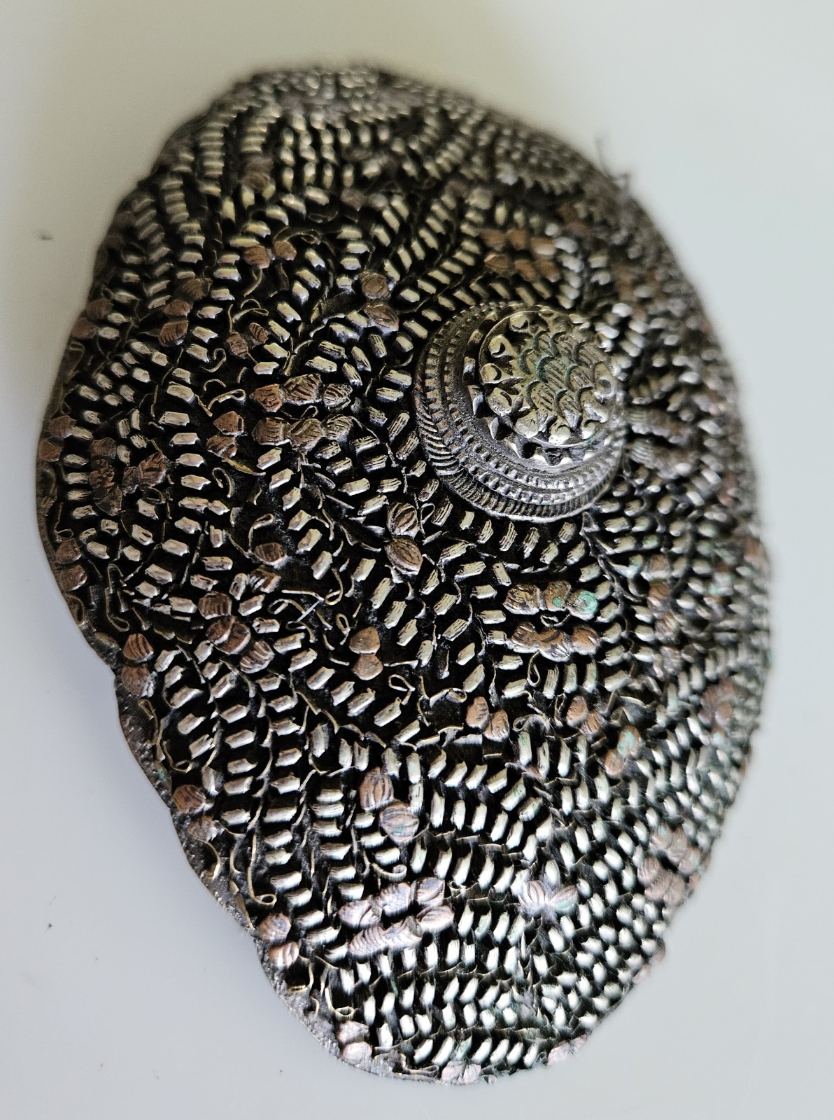 Vtg Silver Plated Copper Wire Filigree Belt Buckle Ornate Lace Medallion Large