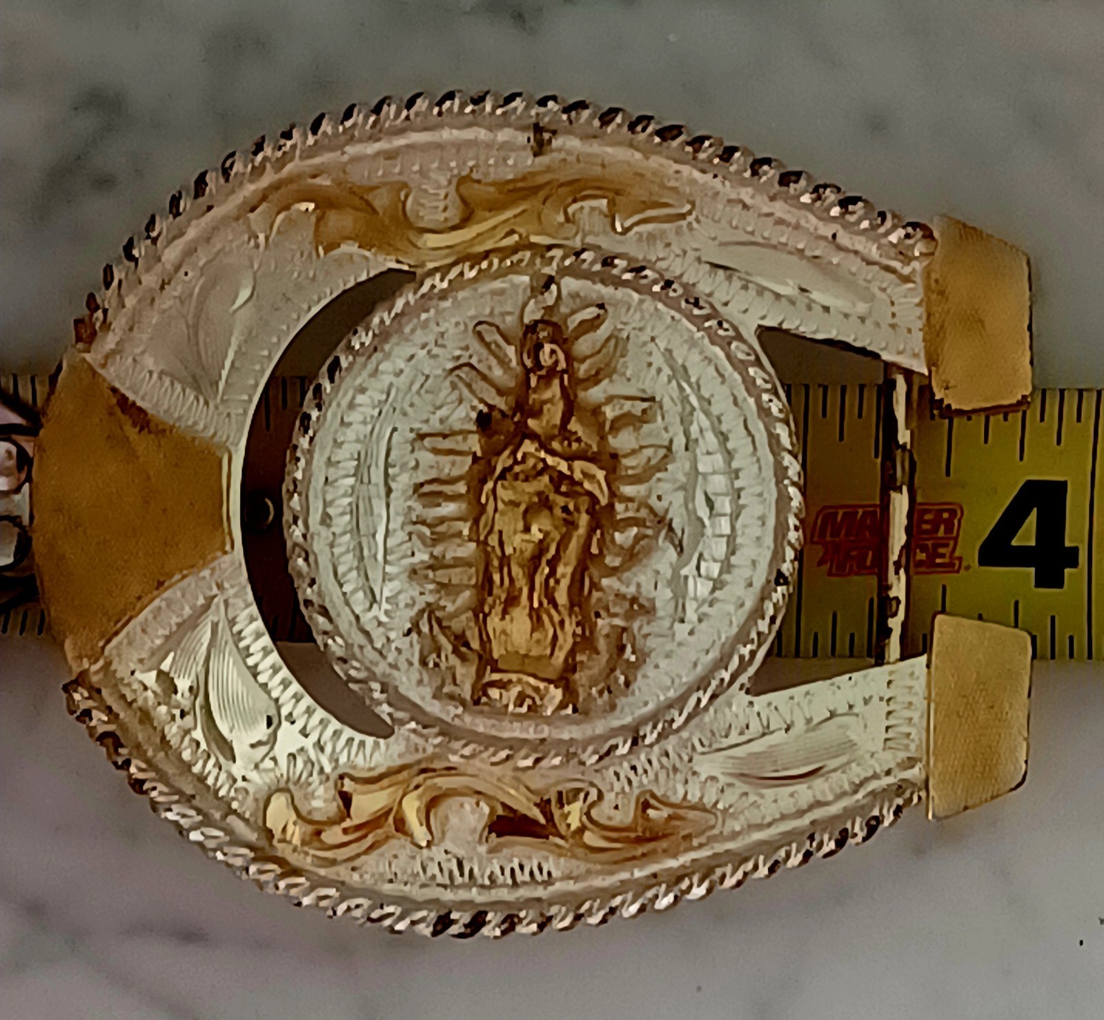 Western Rodeo Belt Buckle Virgin Mary Guadalupe Horse Shoe Silver Gold Tones