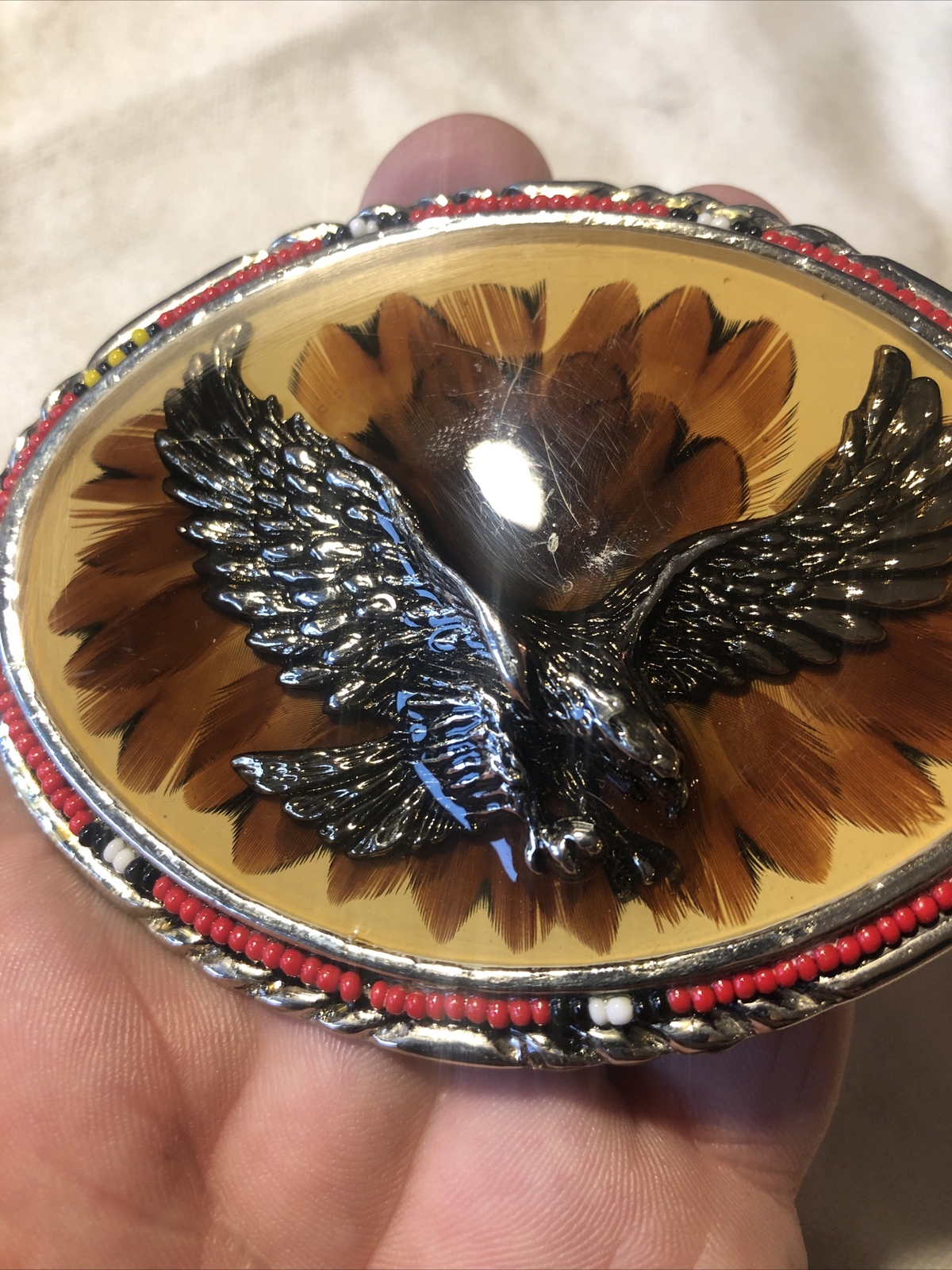 Vintage SSI Diamondback Rattler Eagle USA Belt Buckle Eagle Feathers Beads