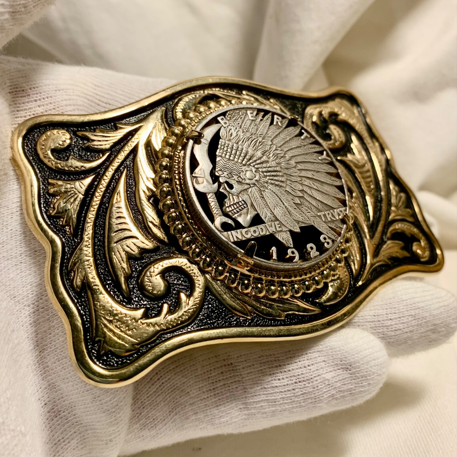 Unique Indian Warrior Skull Hobo Nickel Cut Out Coin Belt Buckle