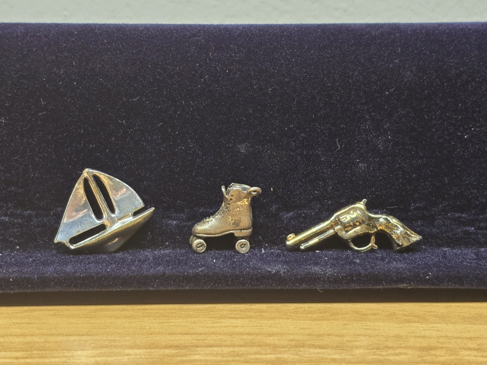 Vintage Miniature Roller Skate Shoe Revolver and Sailing Boat Trinkets