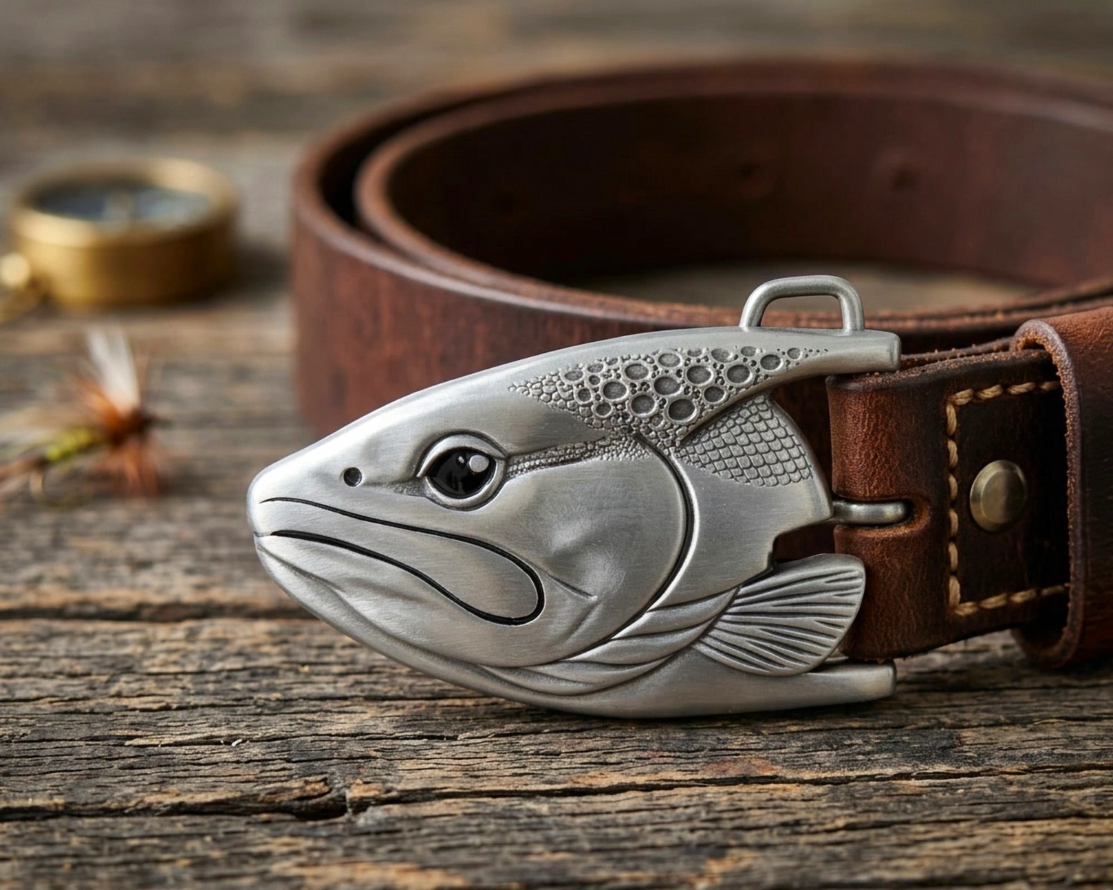 Graywolf Trout‑Head Belt Buckle • Antique Nickel / Silver • 3D Metal Fish Buckle