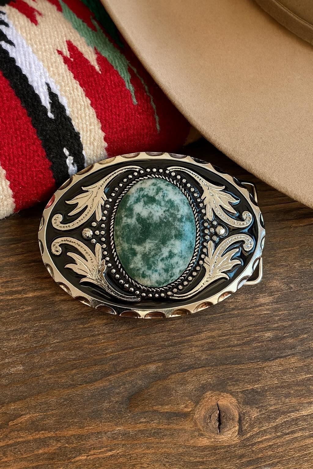 Green Stone Belt Buckle Western Silver Engraved Cowboy Rodeo Style Design