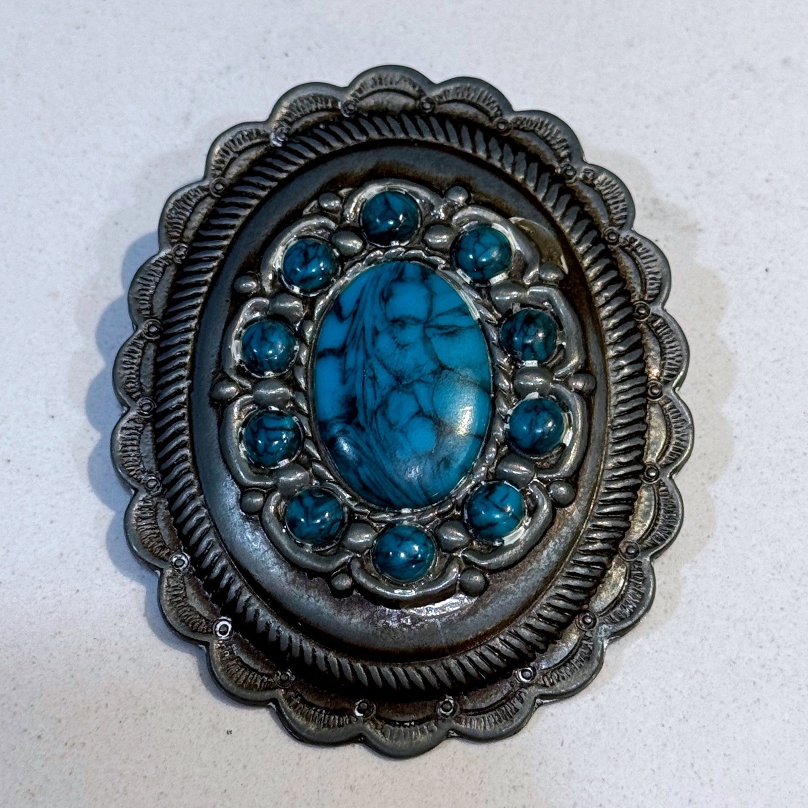 Western Silver Tone Faux Turquoise Scalloped Oval Belt Buckle Southwestern Boho