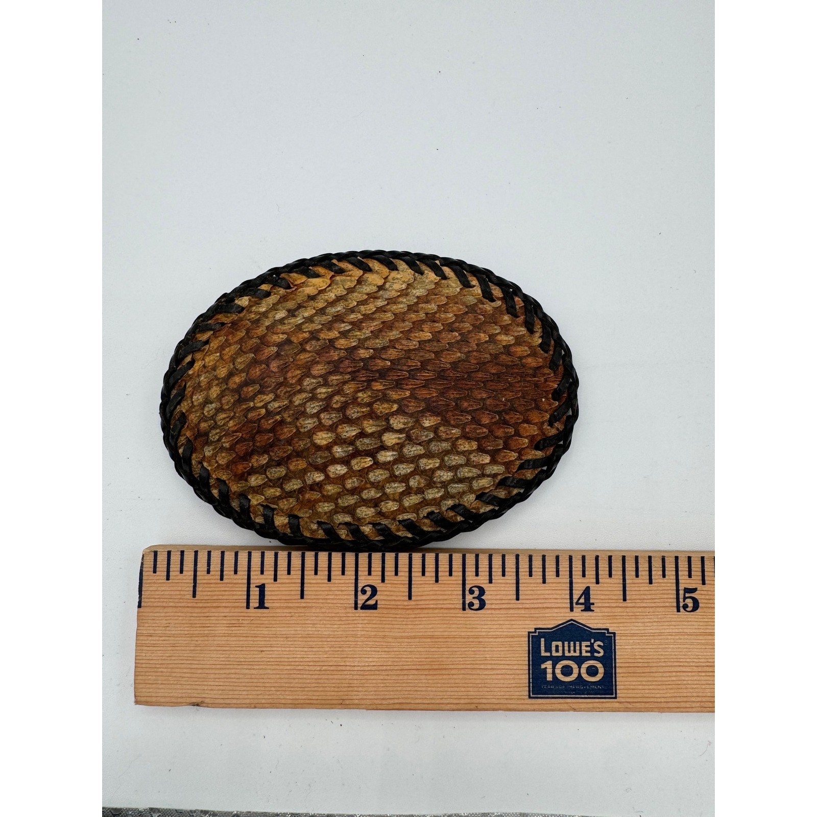 Don Johnson Handcrafted Snakeskin Leather Whipstitch Oval Belt Buckle Brown Tan