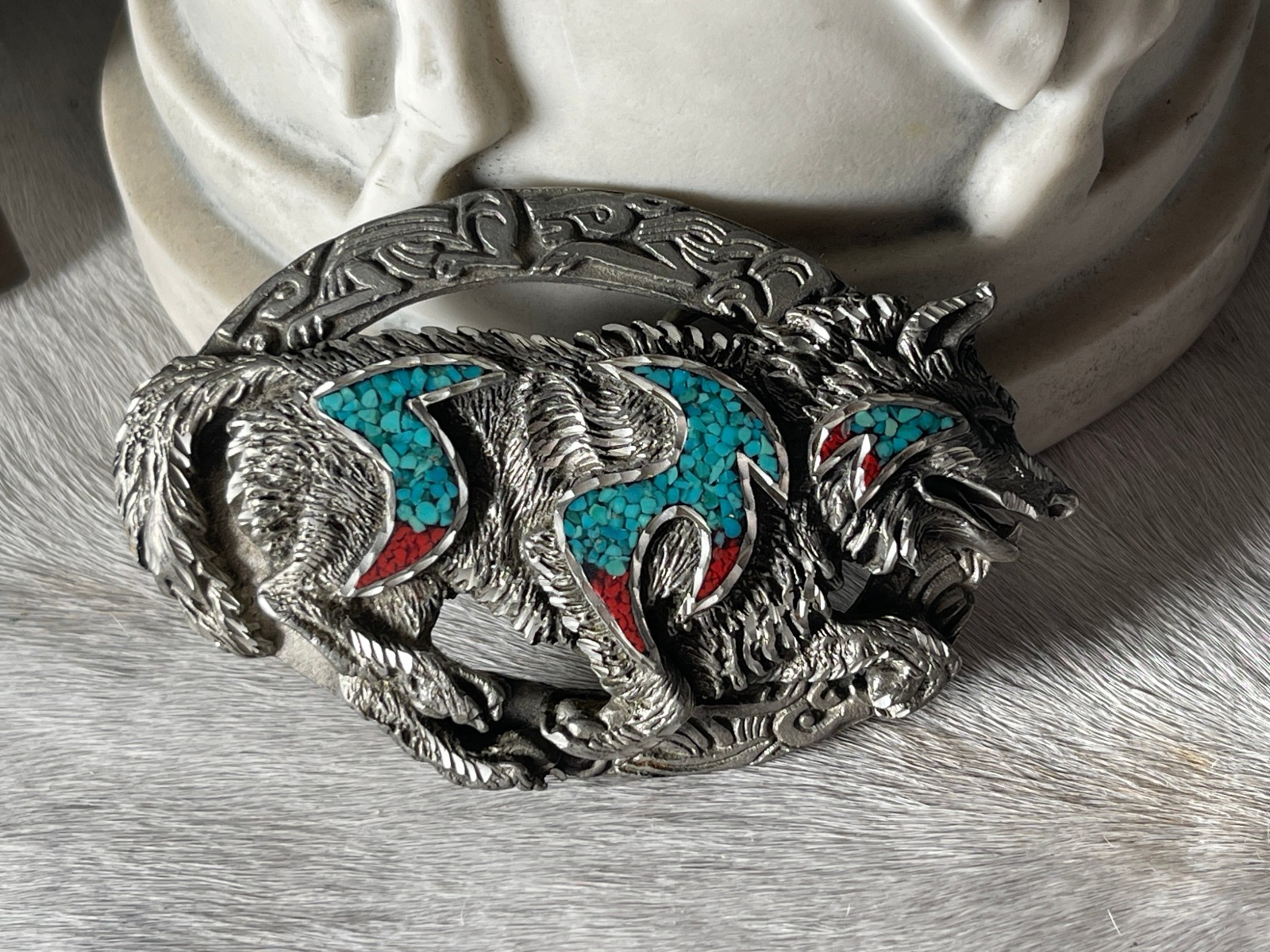 Vintage EJC Belt Buckle 4.25 x 2.75 in Wolf Southwestern Turq 1996 Oval 1.75