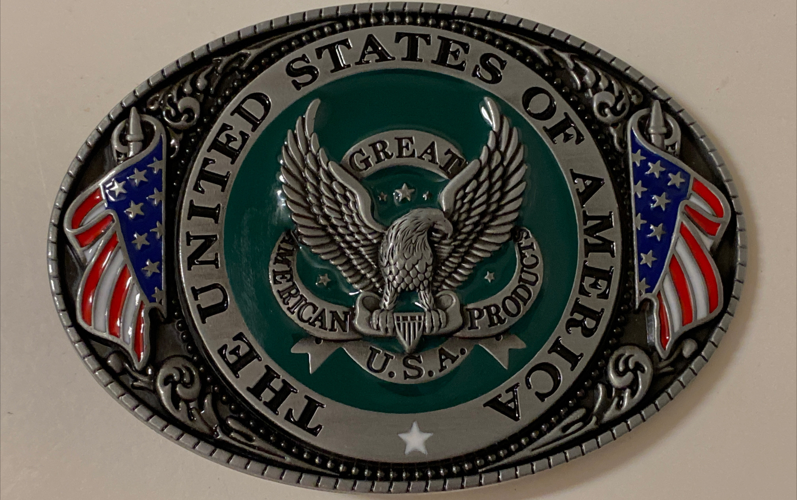 American USA Belt Buckle Flag Eagle Western Cowboy Patriot Color 3.75” x 2.75”