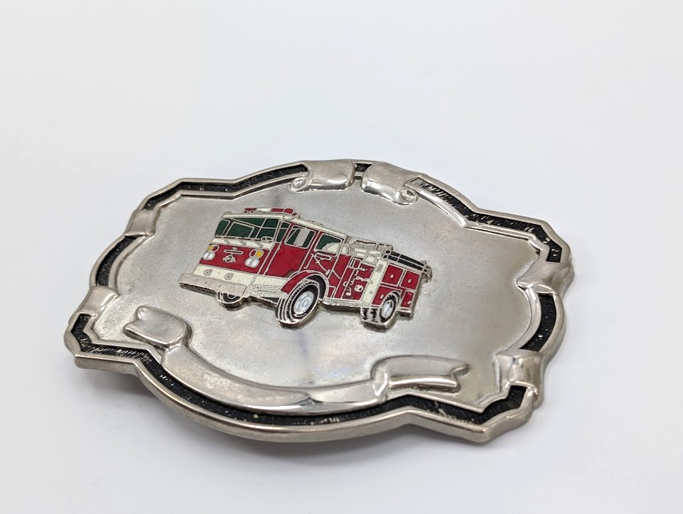 VTG Fire Truck Belt Buckle Silver Tone Red White Enamel Firefighter Blank Scroll