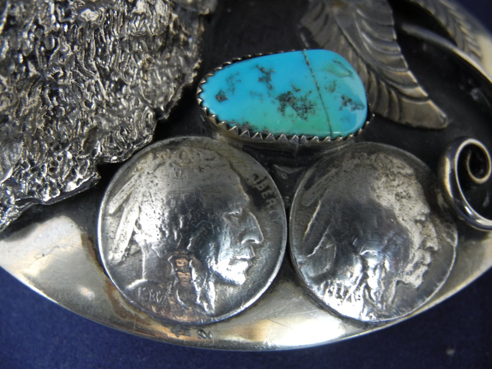 Vintage Keams Chee Navajo Belt Buckle Buffalo Head, 1937 Indian Coin Turquoise