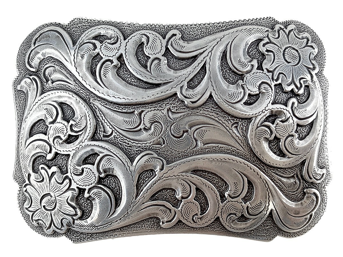 ANTIQUE FLORAL SCROLL ENGRAVED WESTERN HOOK BACK BELT BUCKLE