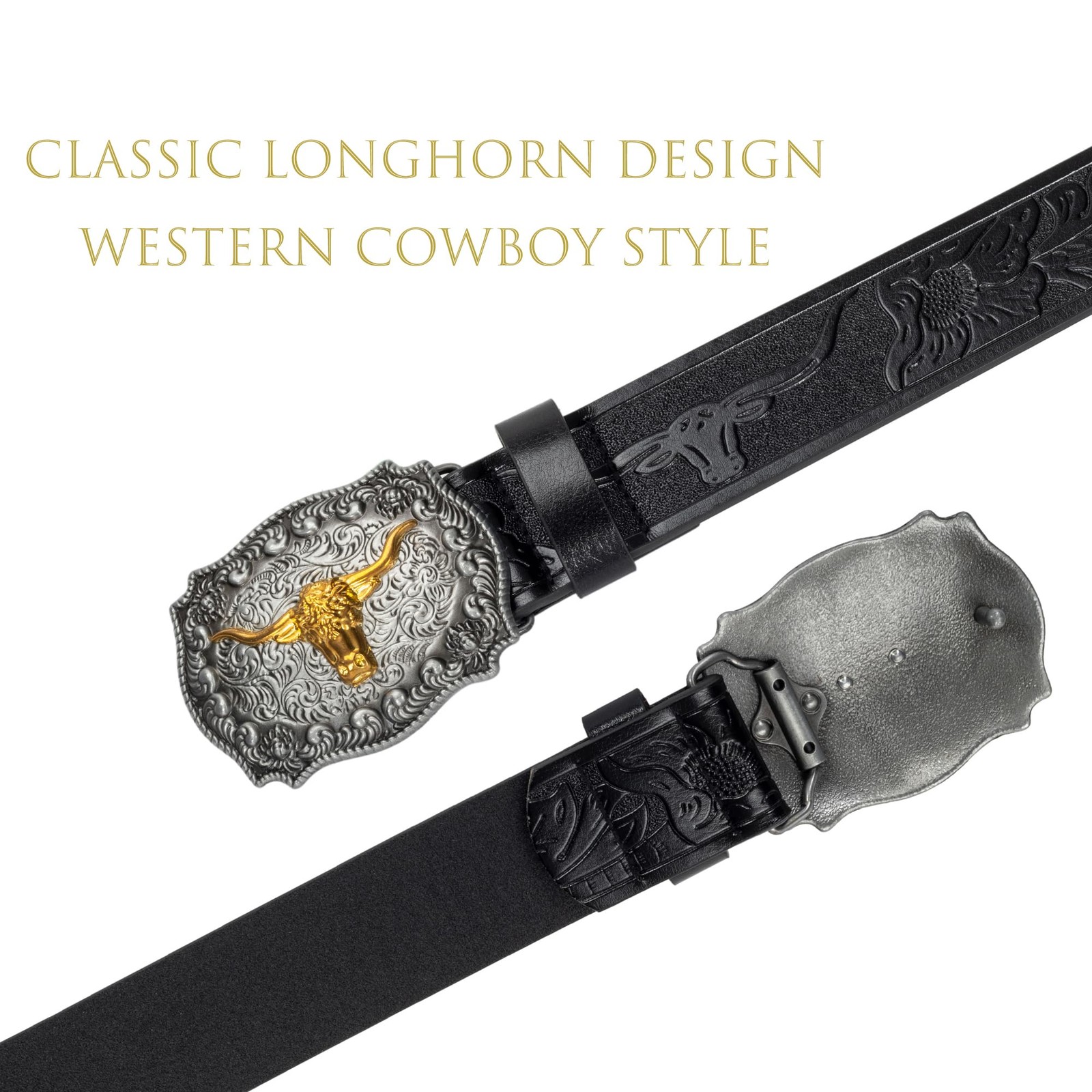 Eohak Western-Cowboy-Belts for Men Women Floral-Engraved-Belt Medium, Black