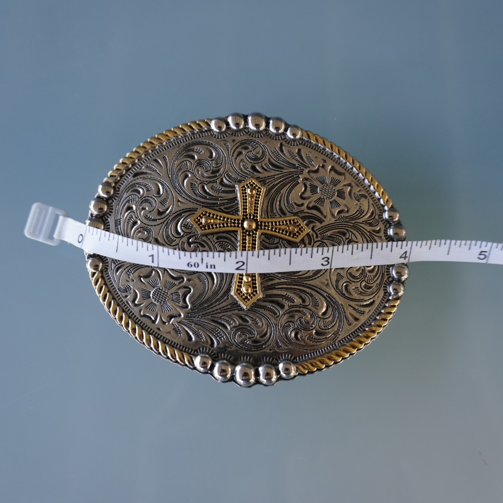 Two Tone Cross Belt Buckle Oval Silver Gold Floral Filigree Western