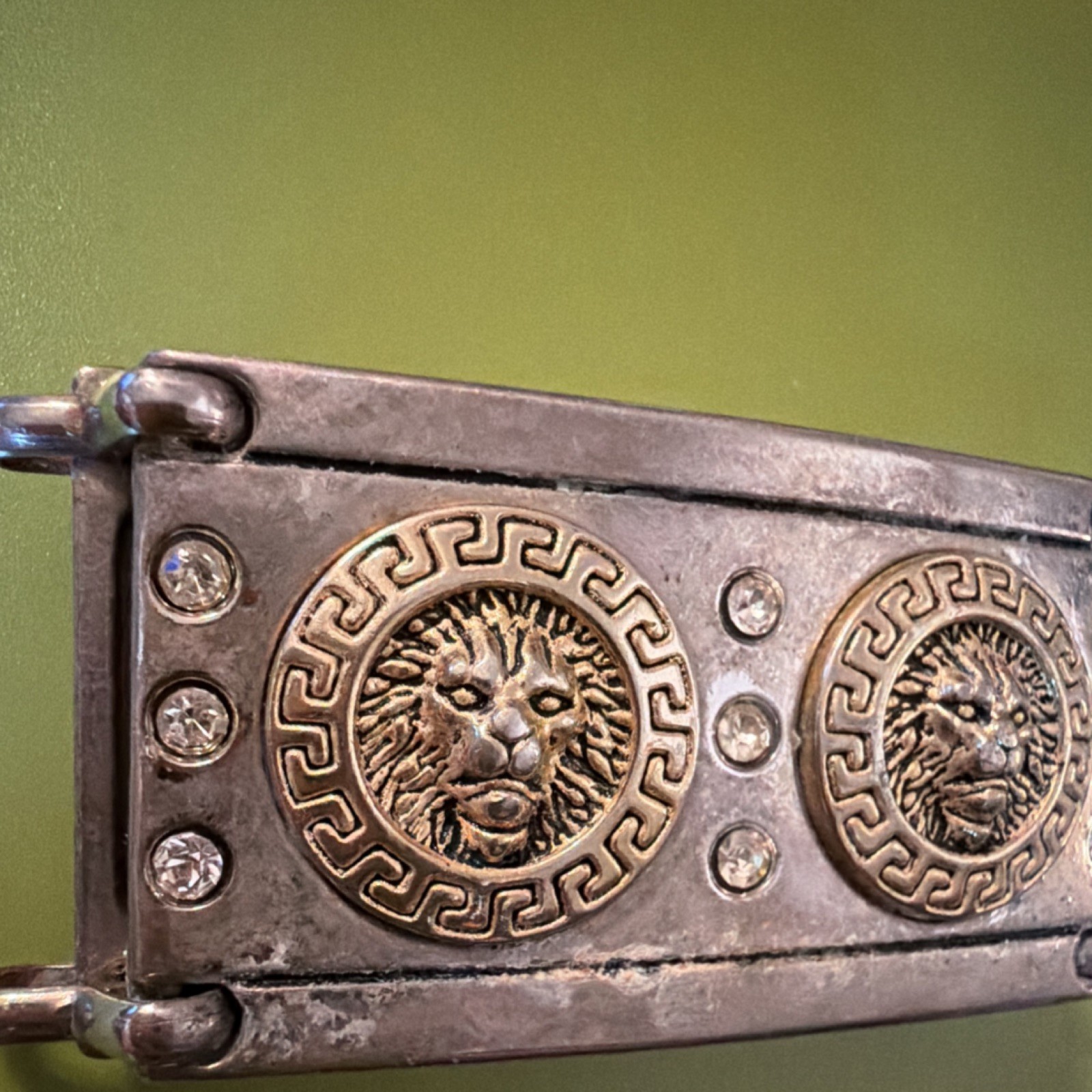 Silver Gold Lion Head Metal Belt Buckle with Rhinestones Greek Key Motif
