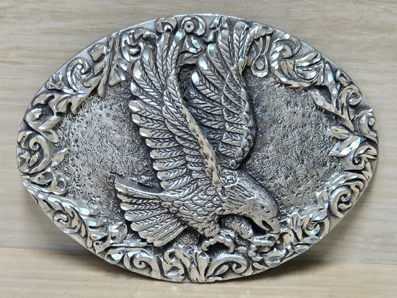 Vintage EGE Belt Buckle Antique Silver 3.5&Prime; Oval Flying Eagle Western USA