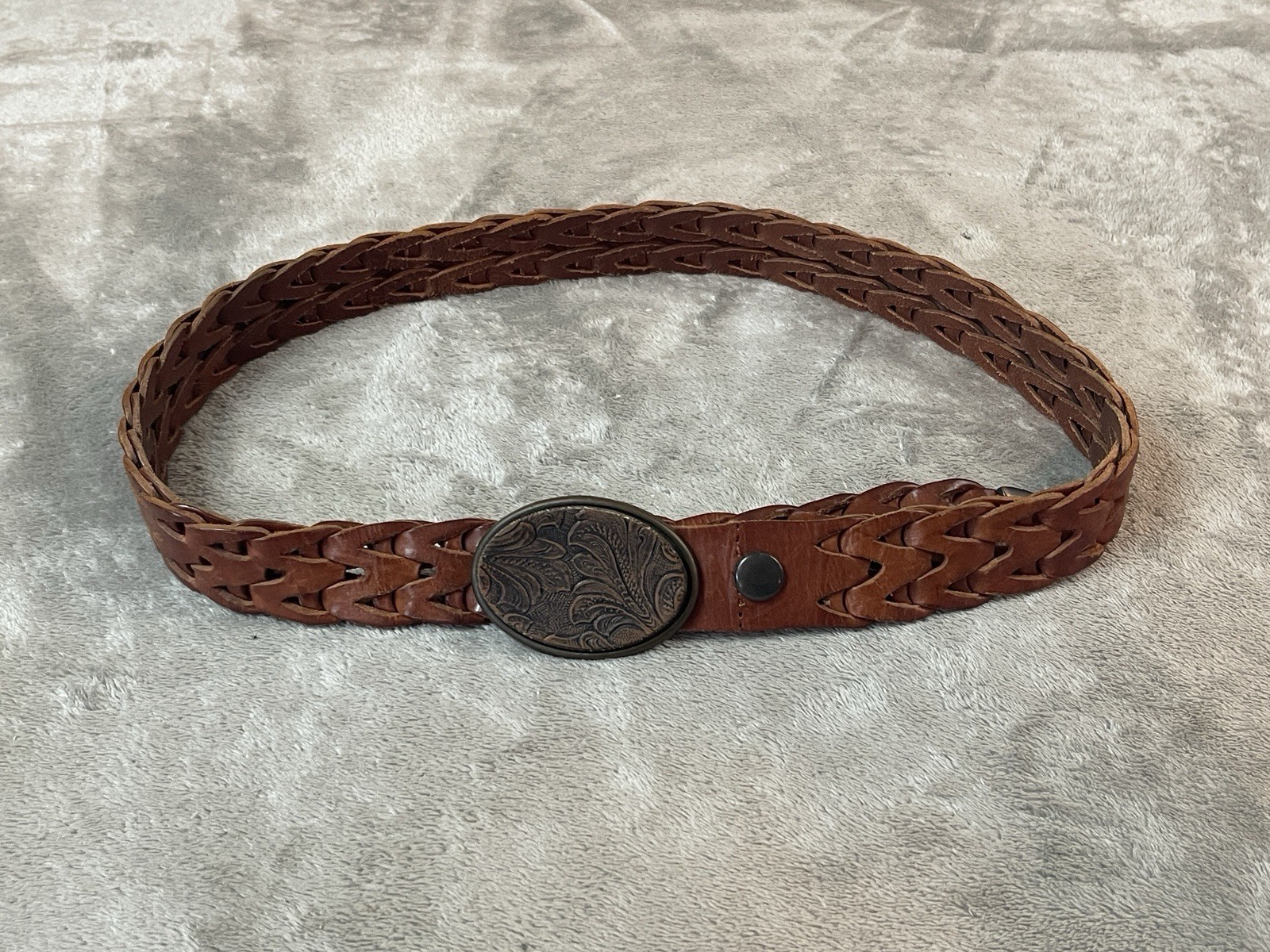 Mens Oden floral Leather Tooled Belt Buckle W/ Brown Leather Braided Belt