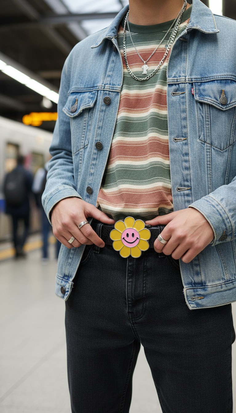 Unisex Belt Buckle Teen Women Fashion Yellow Flower Emoji Cartoon Kid Disco Ball