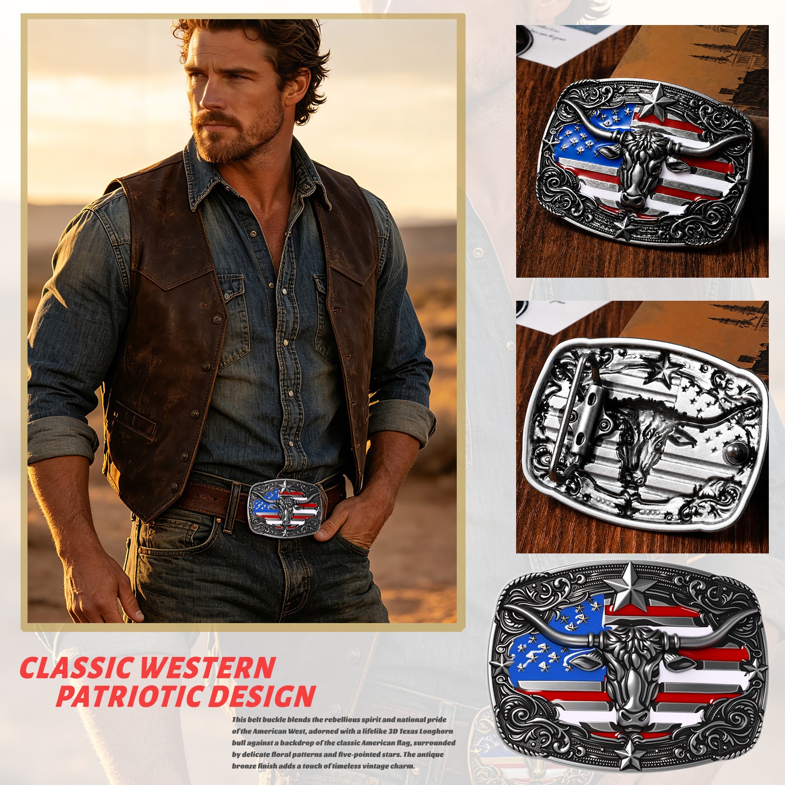 Cow Head Star USA Flag Western Belt Buckle for Men Women Vintage Cowboy Cowgirl