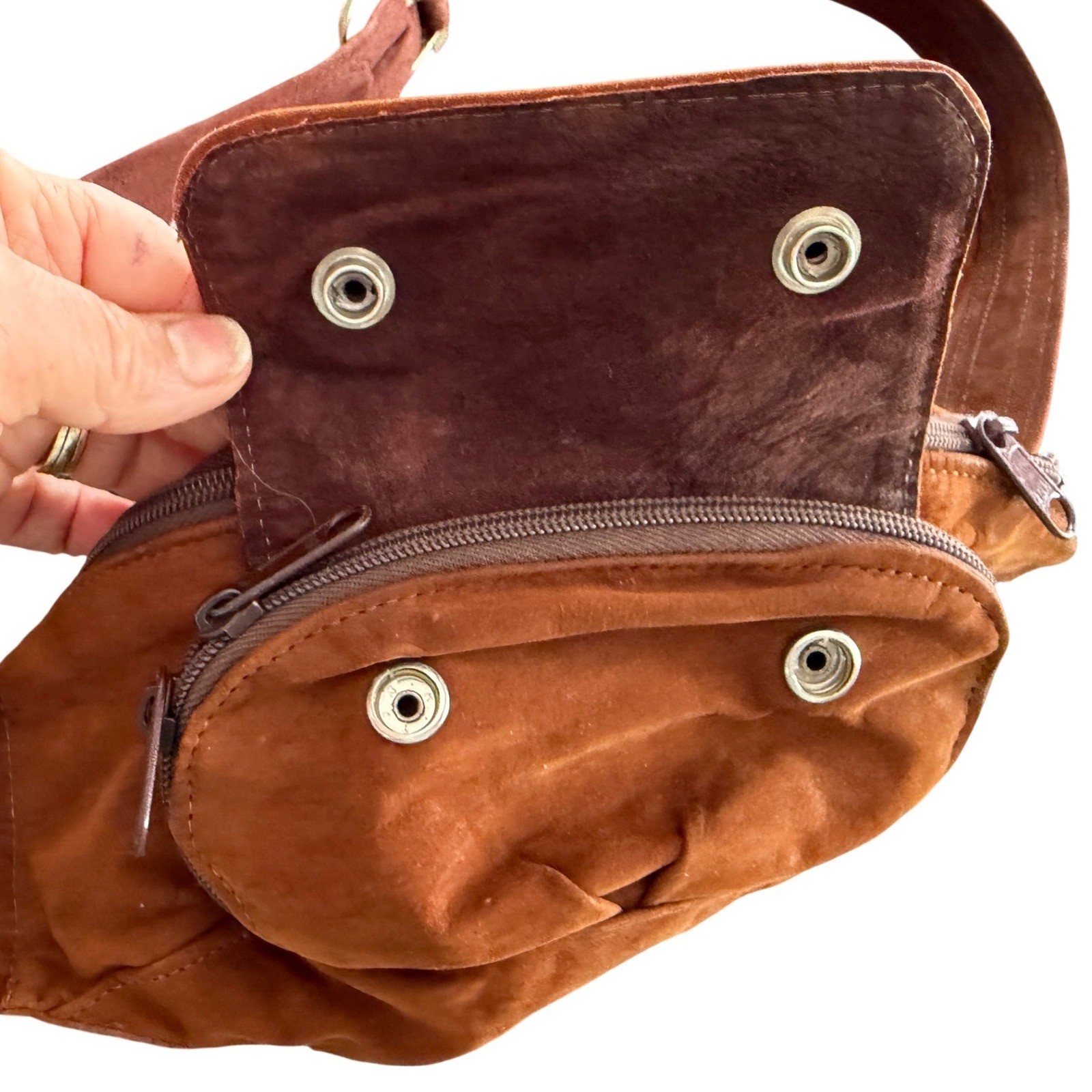 Brown Leather Suede Belt Bag Fanny Pack Pouch brass buckle western vintage boho
