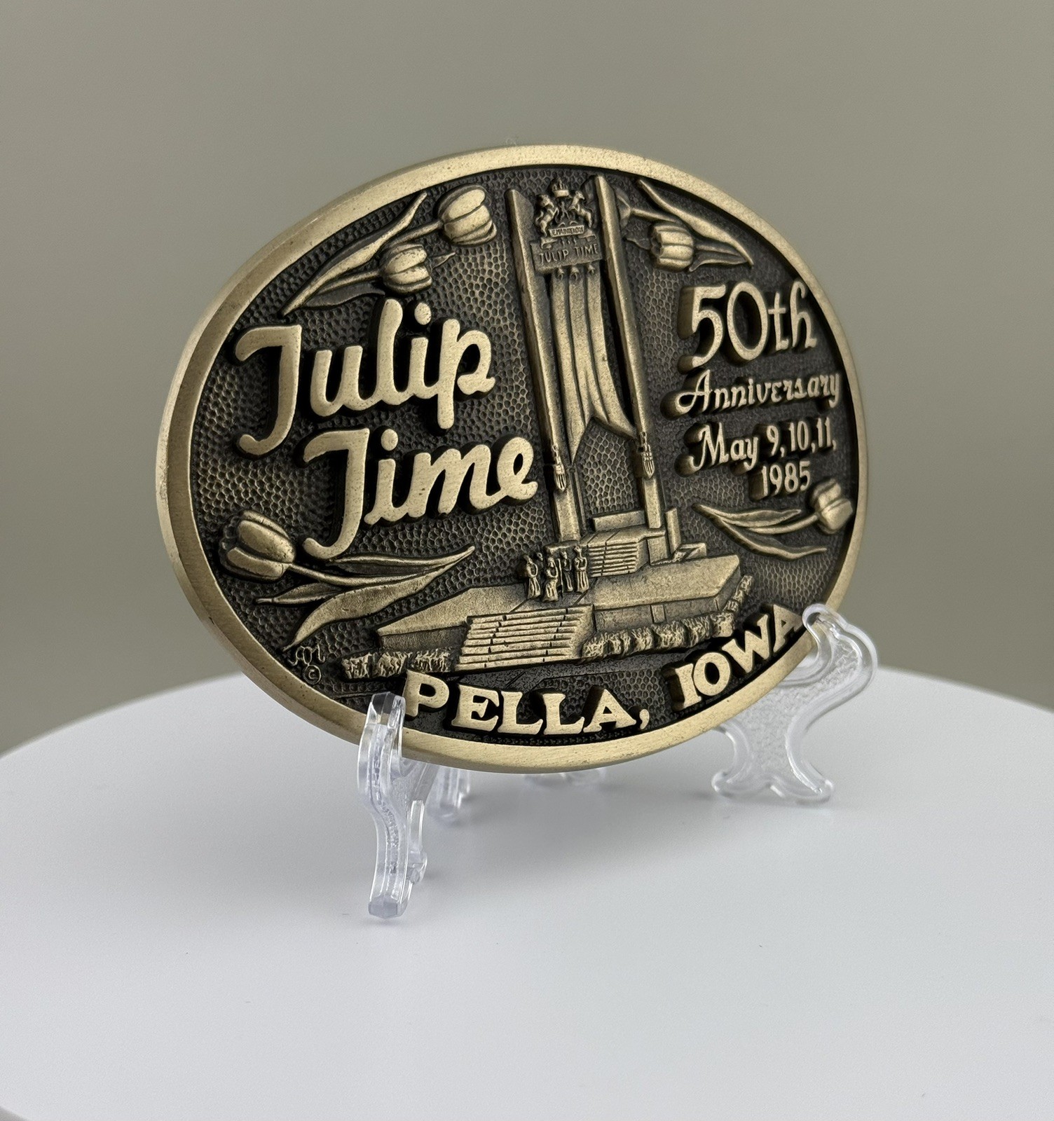 Tulip Time 1985 Iowa 50th Anniversary Solid Brass Belt Buckle Limited Edition