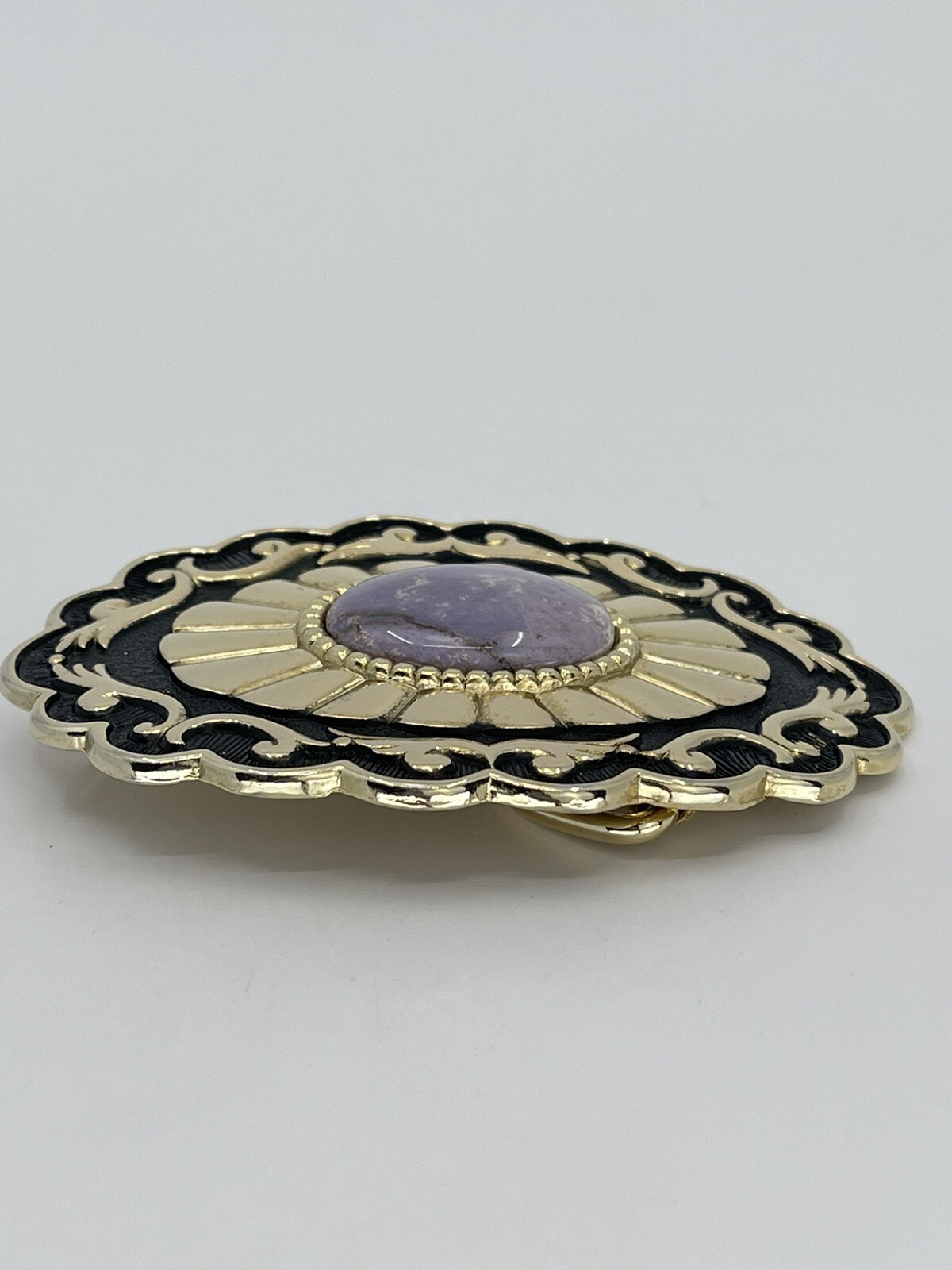Belt Buckle Lavender Jade Cabochon oval gold tone black enamel background