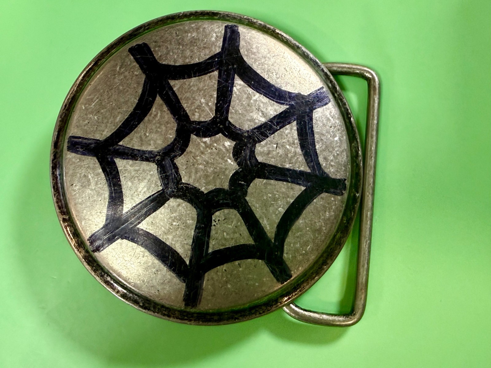 Spider Web Artwork Paint on Round Hippy Gothic Punk Vibe Belt Buckle
