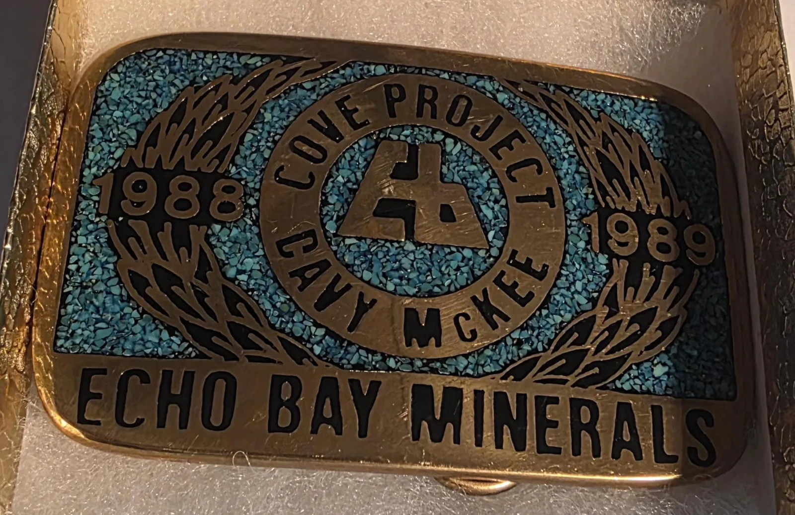 Vintage 1989 Metal Belt Buckle, Solid Brass, Blue Crushed Turquoise Stones, Cove