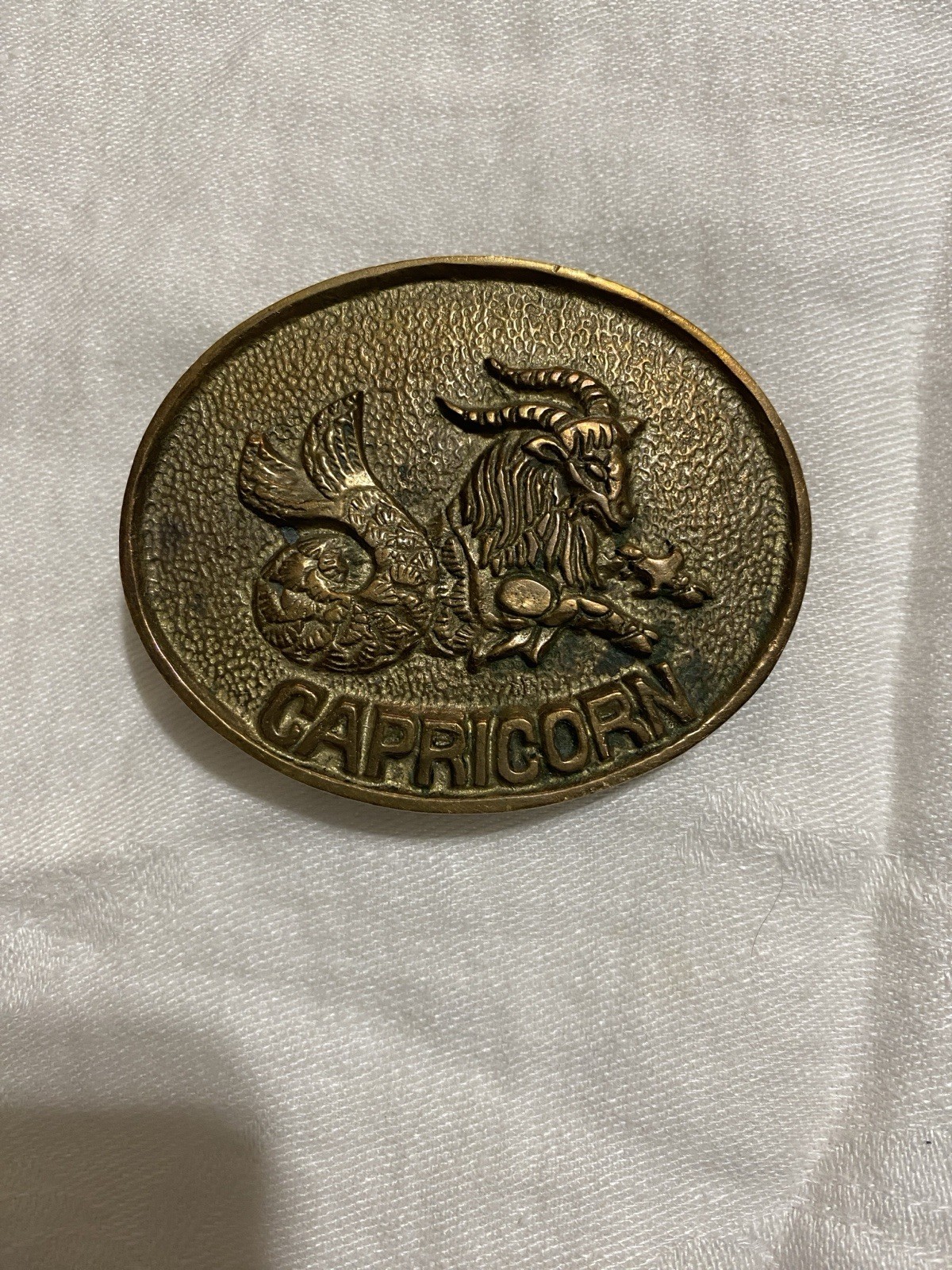 Vintage Solid Brass Capricorn Zodiac Oval Clip Belt Buckle Gold Fits 1.5&Prime;