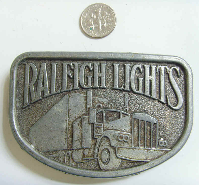 Raleigh lights truck trucker smoker old vintage estate metal belt buckle 42344