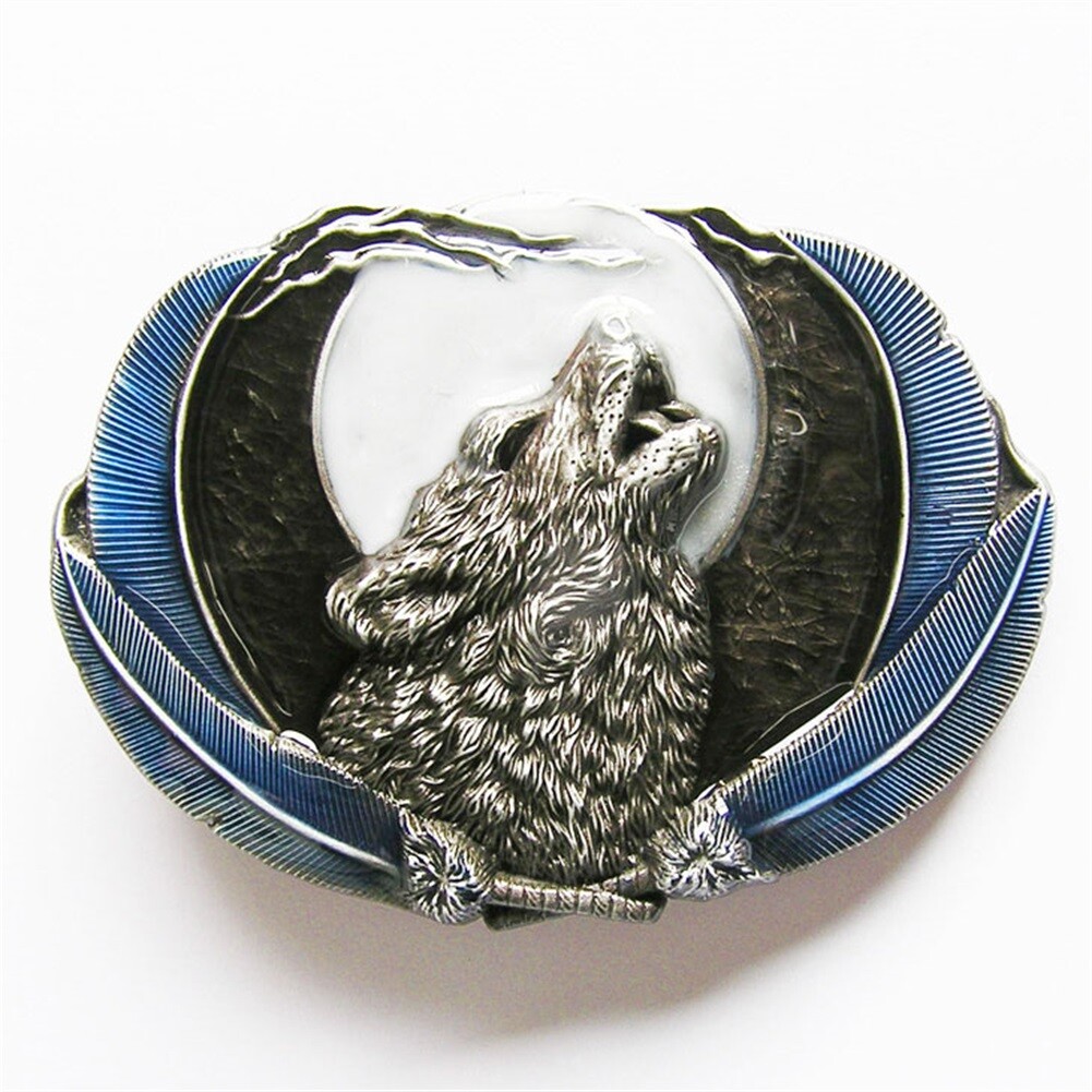 Blue Enamel Western Wolf Moon Oval Belt Buckle also Stock in the US