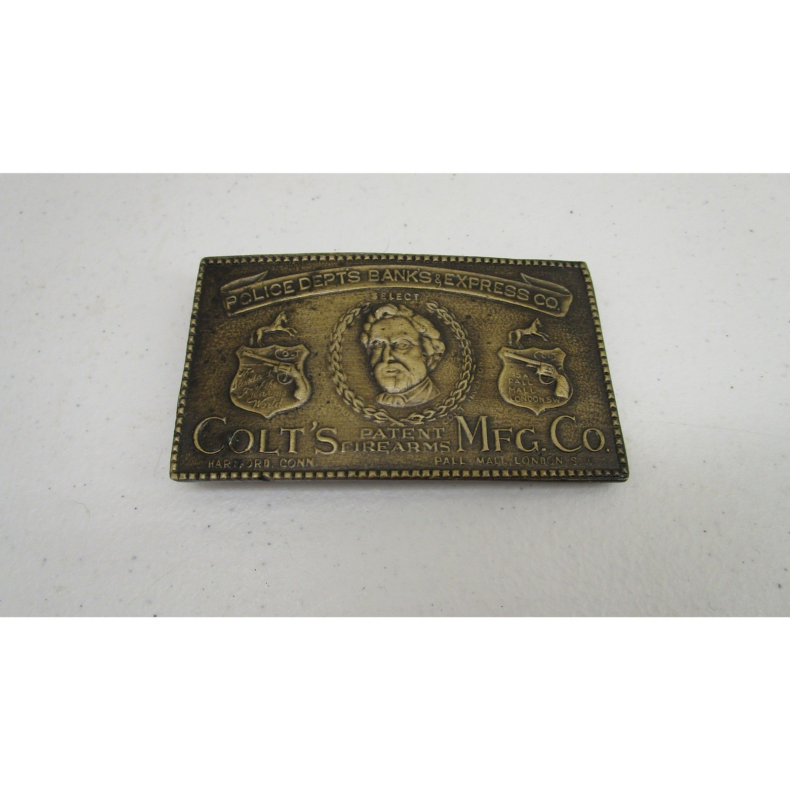 Colt Patent Firearms Mfg Co Belt Buckle Brass Tone Samuel Colt Police Depts Bank