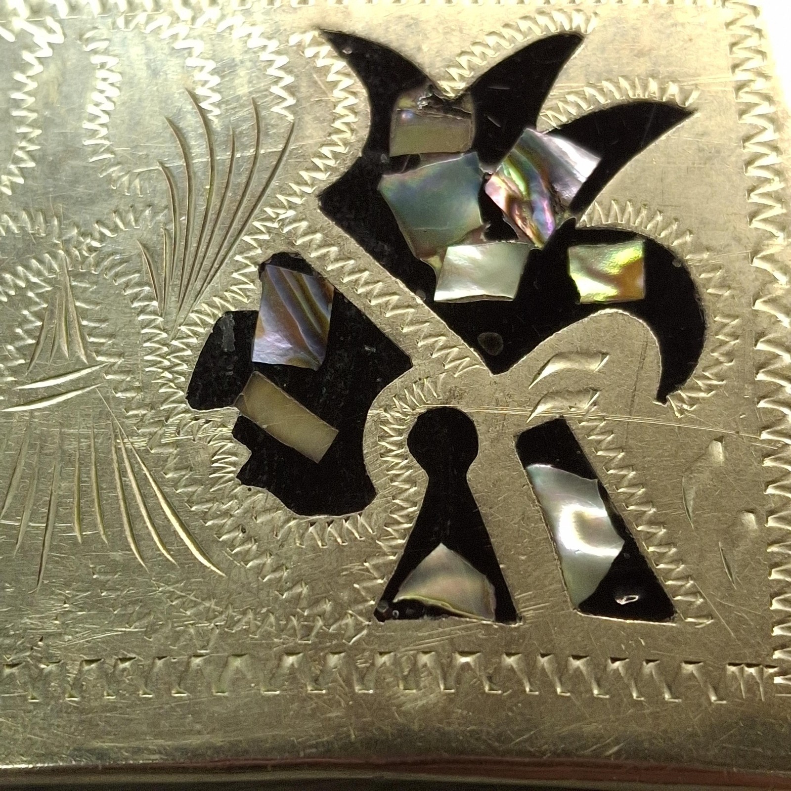 Vtg Alpaca Mexico Abalone Inlay Belt Buckle Hand Engraved Folk Art Western 3&Prime;