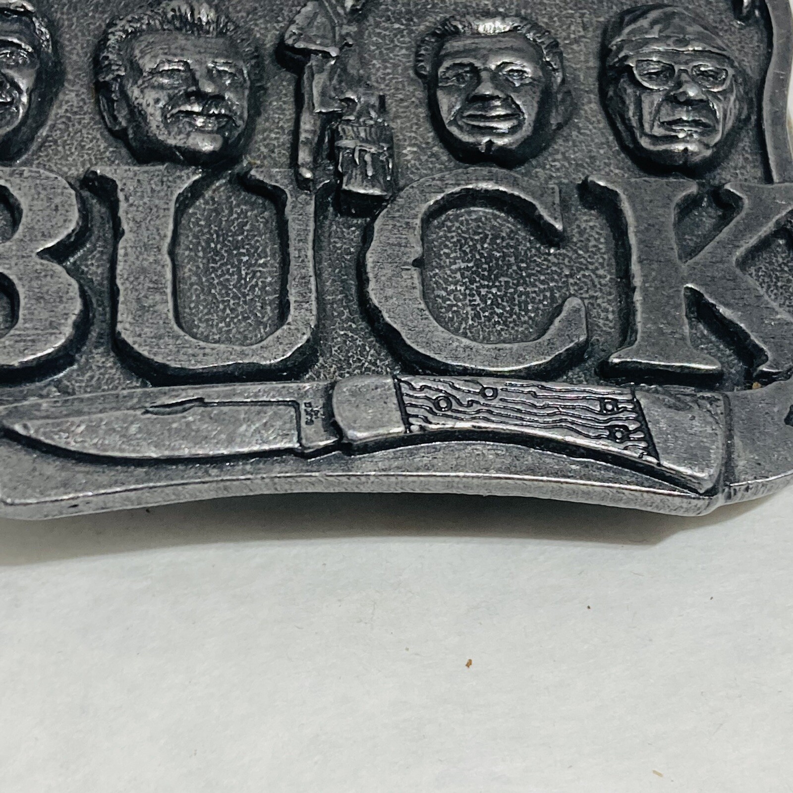Vintage Pewter Embossed BUCK KNIVES Four Generations Knife Makers Belt Buckle