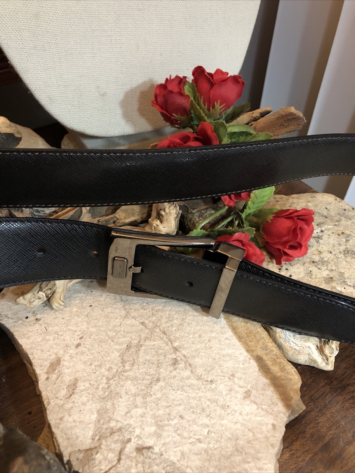 Salvatore Ferragamo Gun Metal tone Rectangle Buckle black leather belt