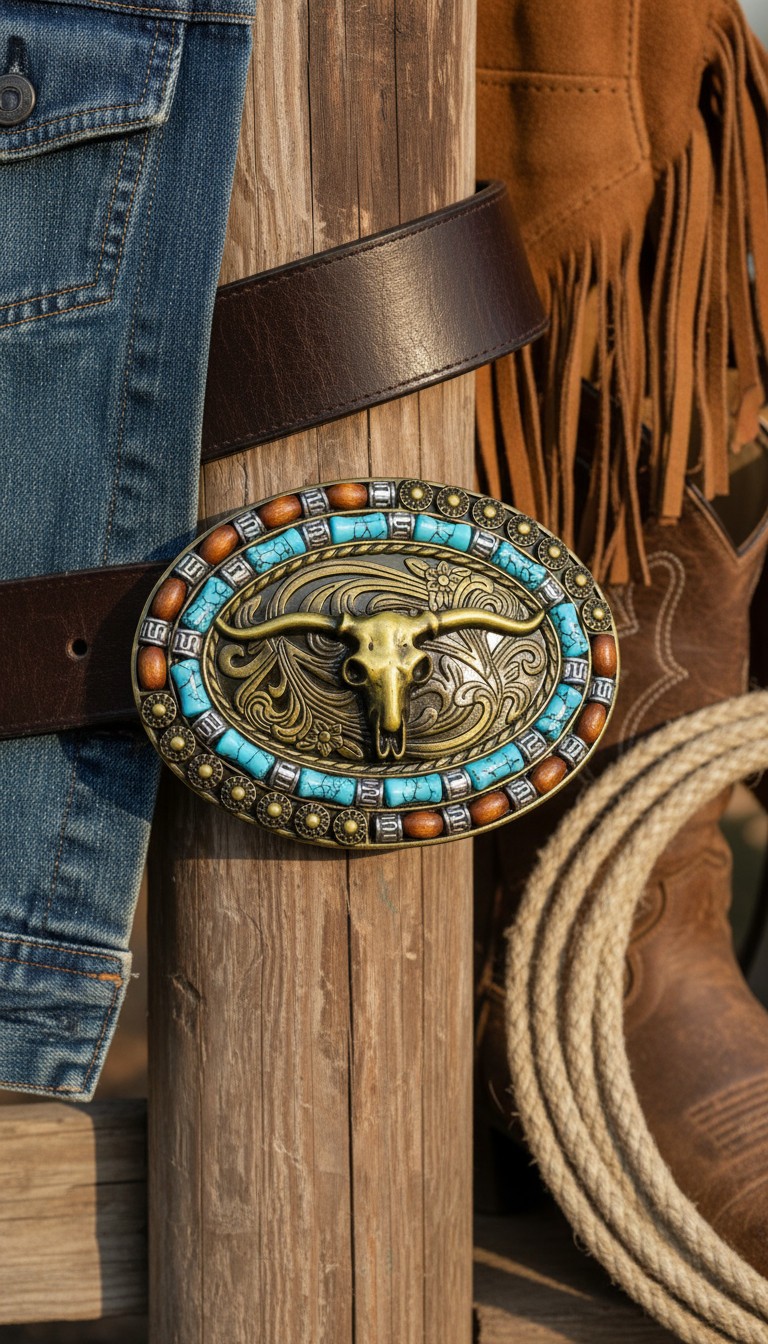 Men Dark Gold Metal Buckle Western Fashion Bull Long Horn Texas Cow Cowboy Style