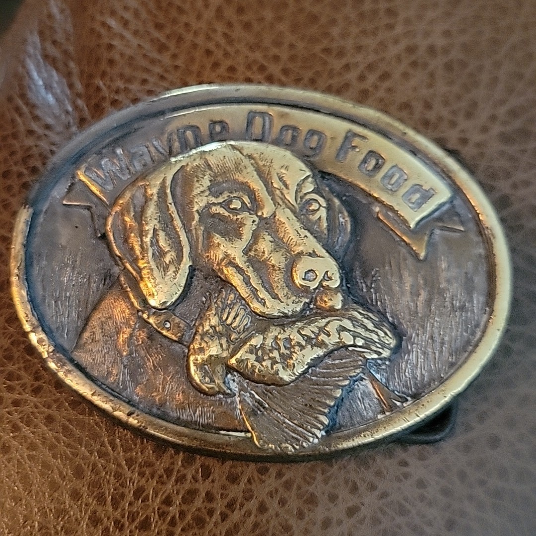 VTG 1980s Hunting Belt Buckle Labrador Brass Wayne Dog Food 50th Annvivarsary