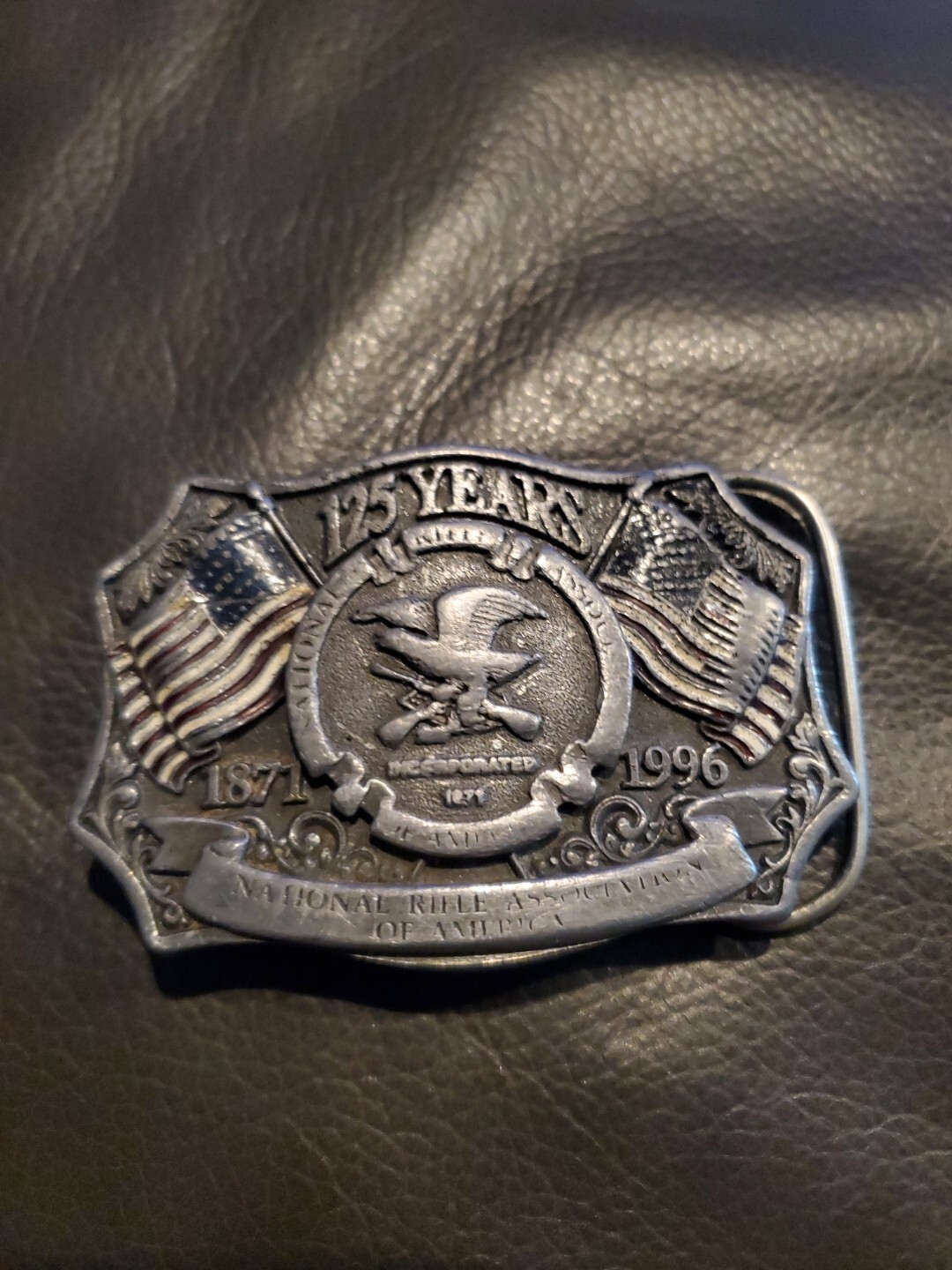 NRA Belt Buckle American Flag 125 Years 1996 Vintage National Rifle Association