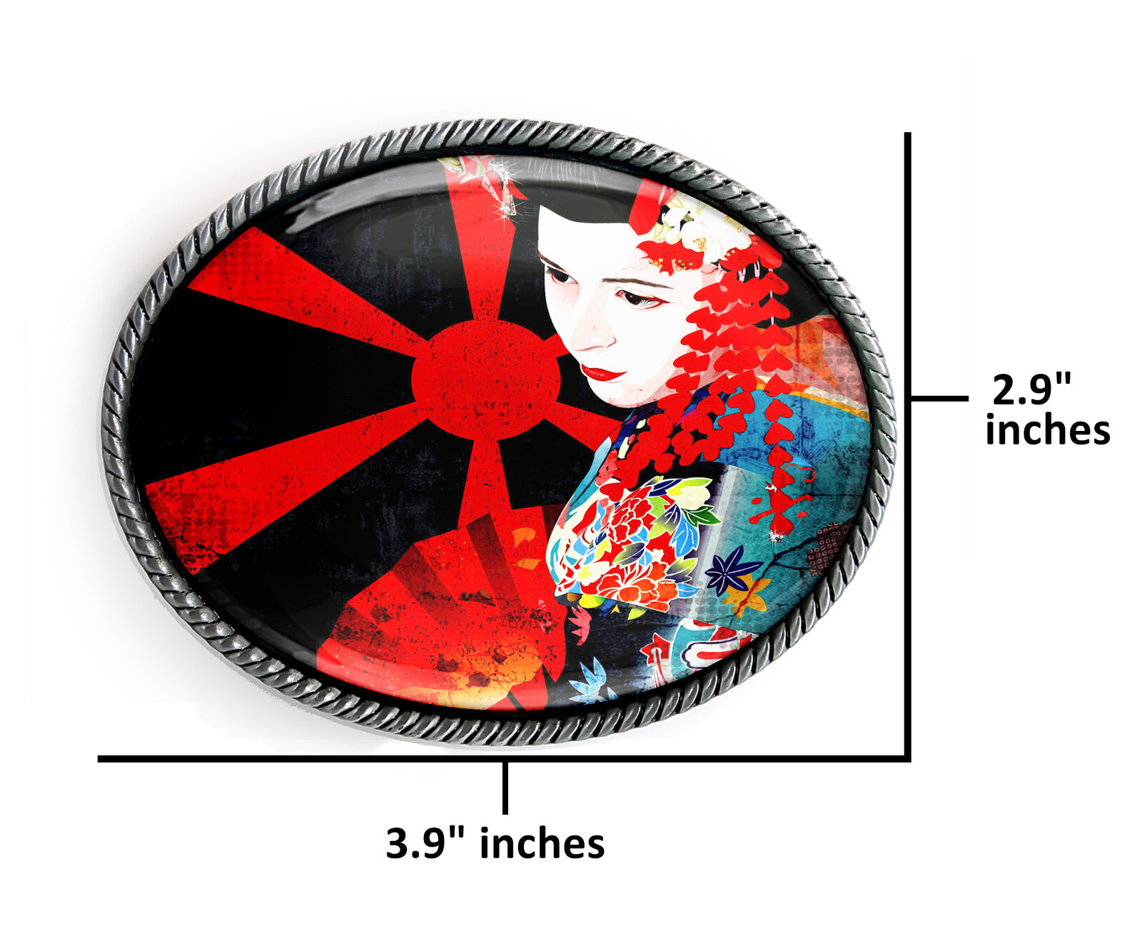 Geisha Girl Belt Buckle – Japanese Oriental Art Handmade Oval Buckle – 272-3