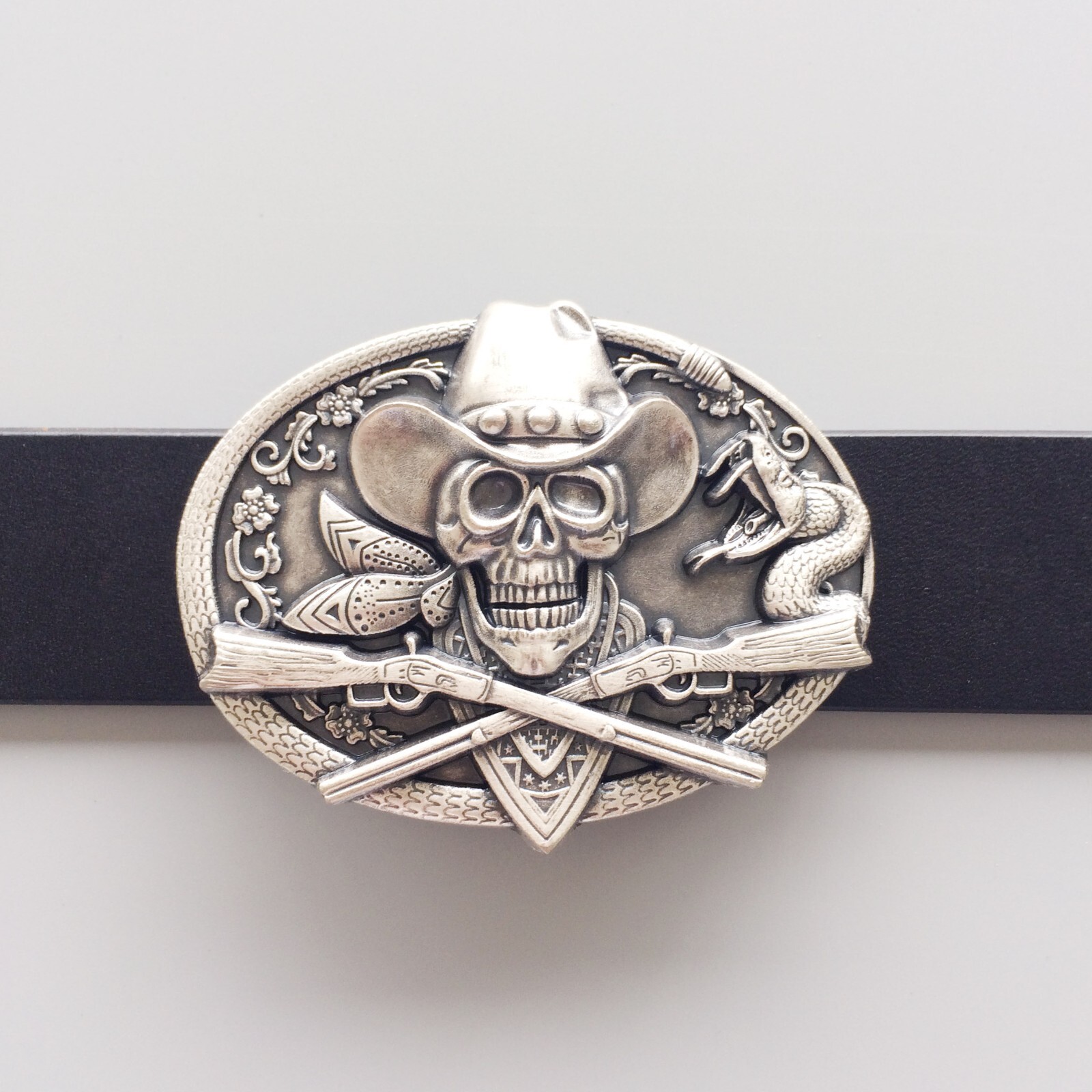 Vintage Silver Plated Skull Rifles Cowboy Metal Belt Buckle