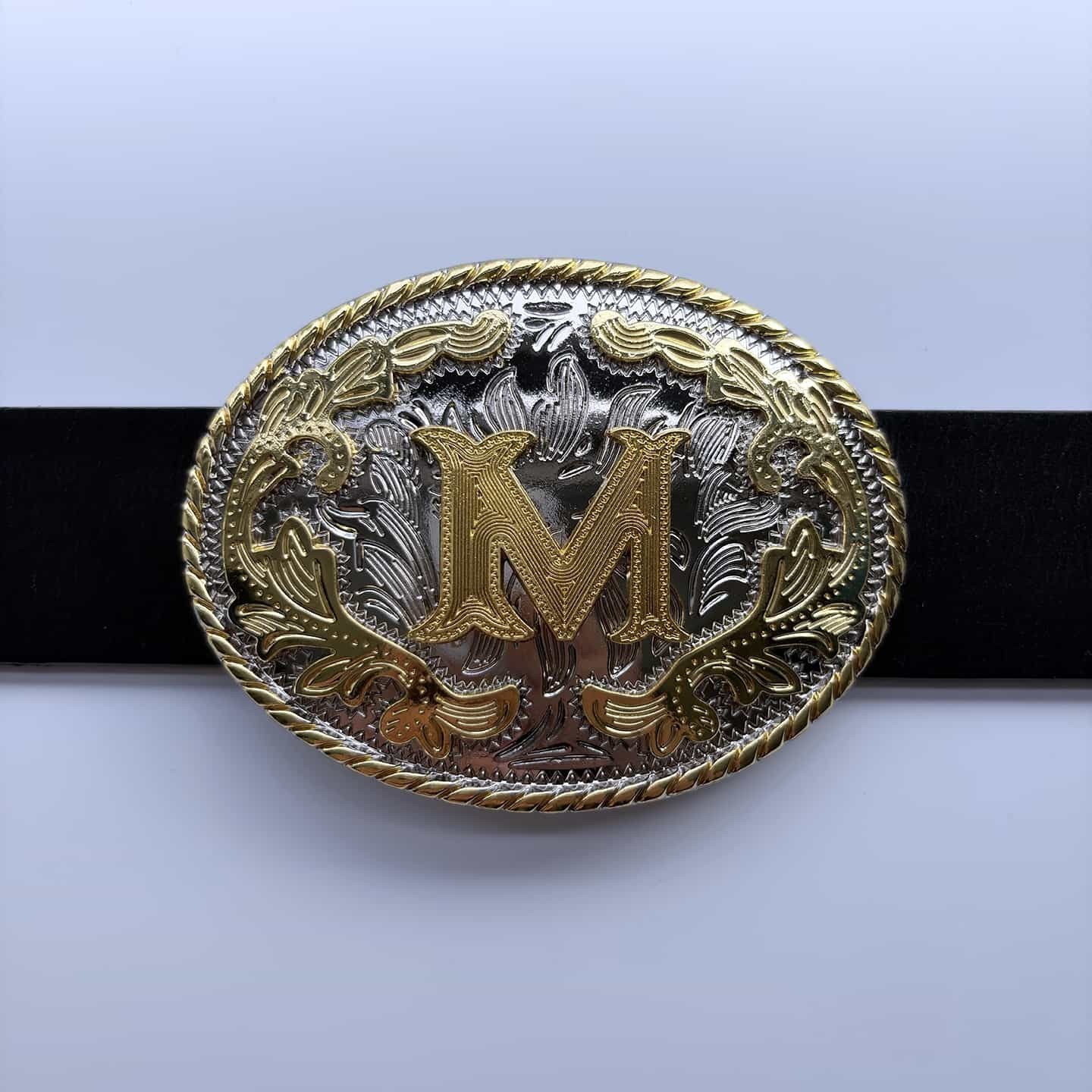 Bright Silver With Gold Initial Letter A-Z Cowboy Cowgirl Oval Belt Buckle
