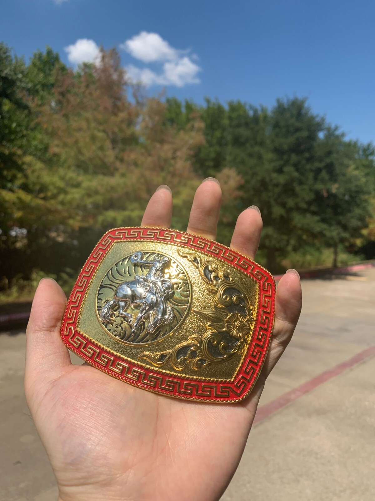 Western Buckle Gold Silver Red Horse Rider Cowboy Cloud Hebilla Vaquero Jinete