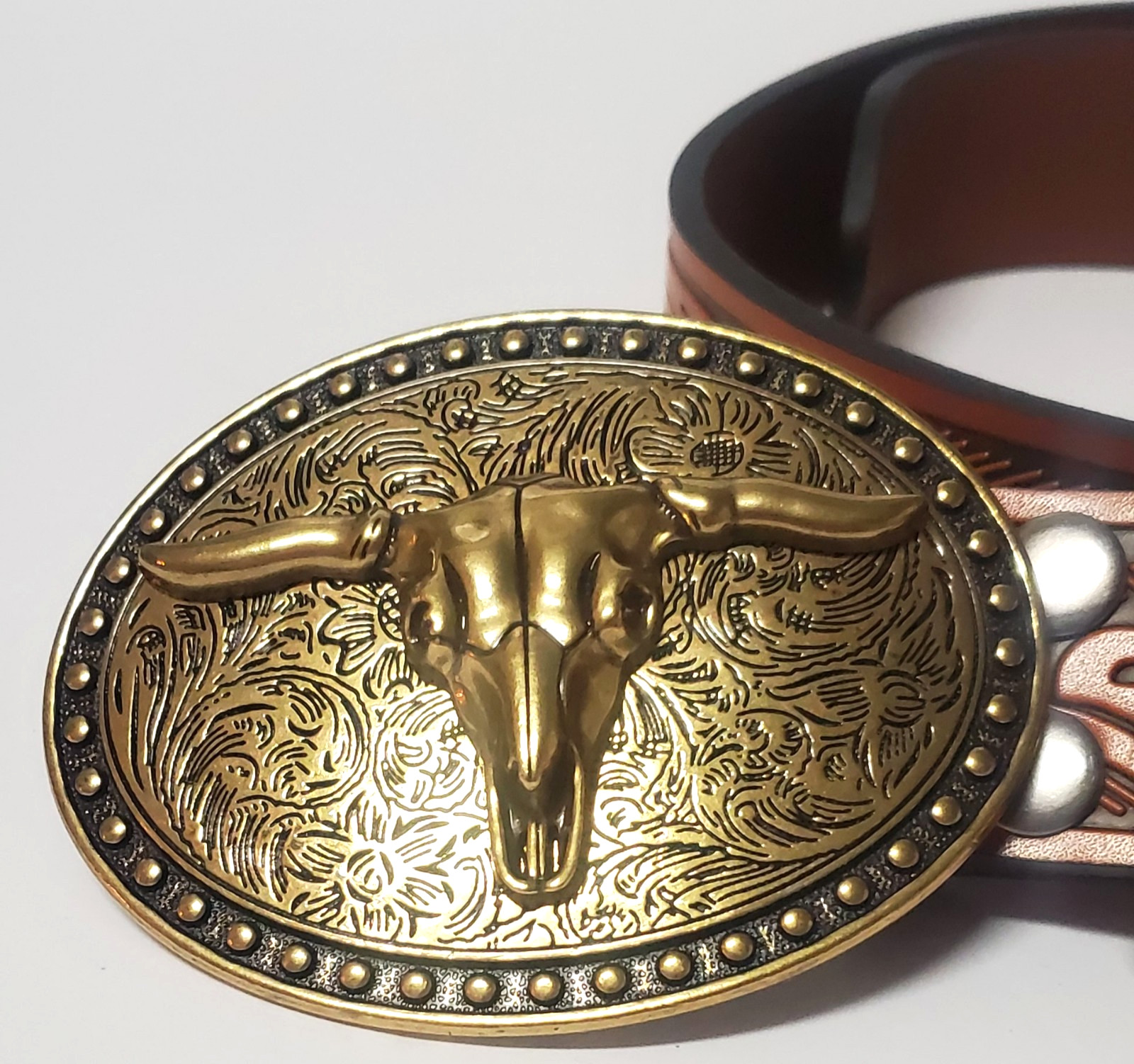 Western Belt 38 Longhorn Skull Oval Buckle Rust & Brown Stamp Synthetic Leather