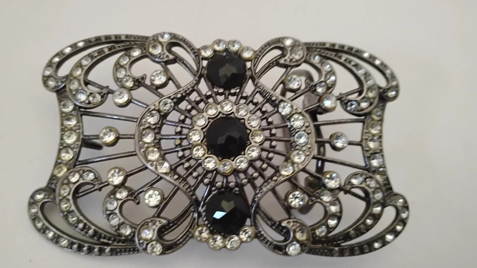 Vintage Goth Themed Metal Belt Buckle Rhinestones & Black Gems Fits 1.5 Hook