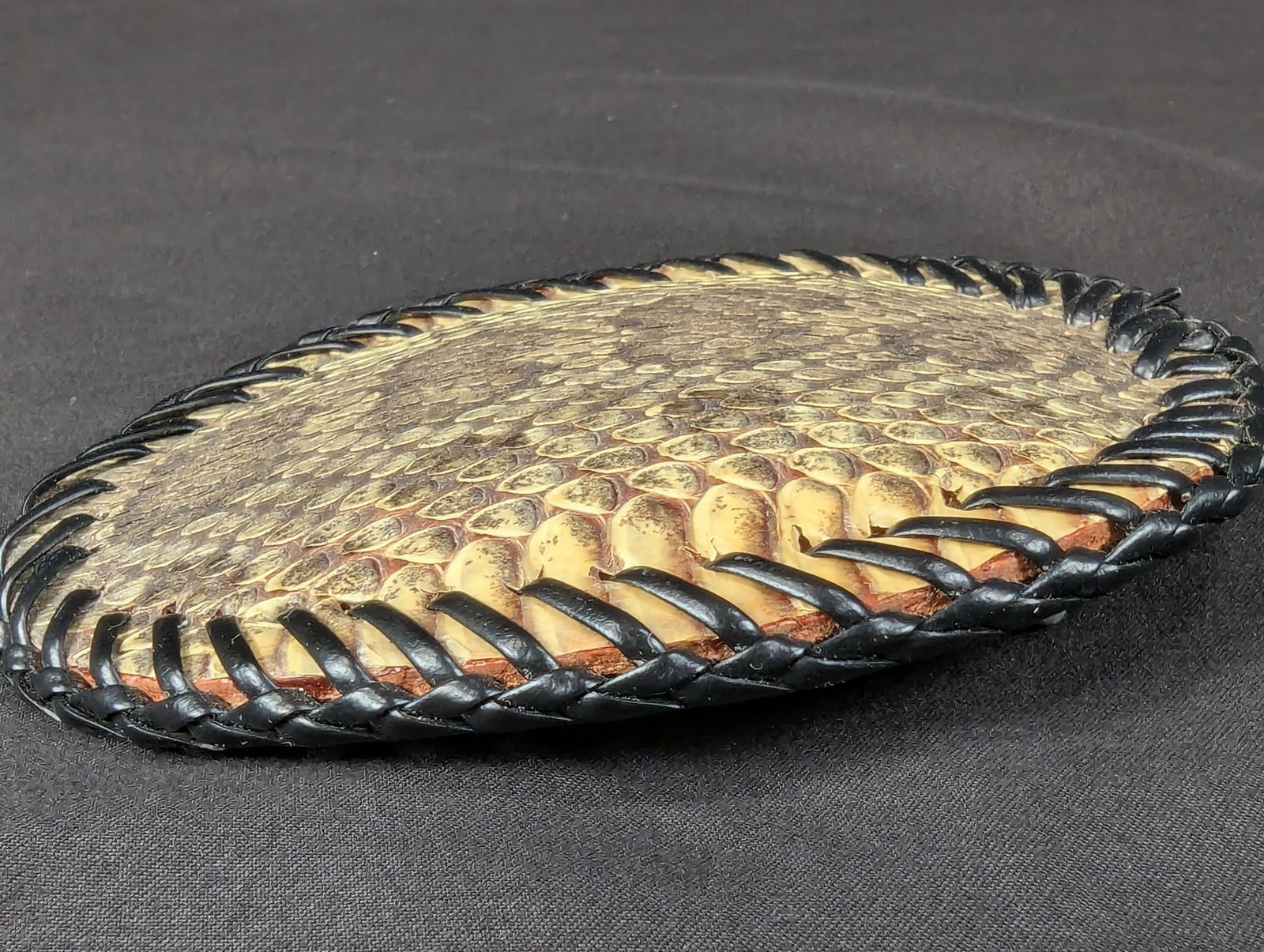 Vintage M.G.S. Oval Belt Buckle Snakeskin Inlay Black Leather Whipstitch Detail