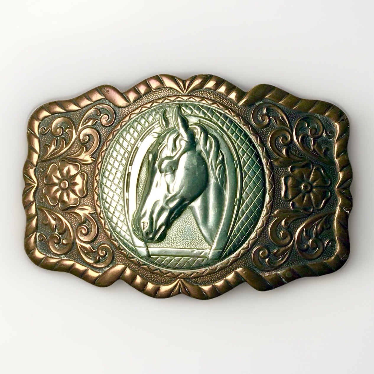 Vintage Belt Buckle Horse Copper Silver Tone Western Horseshoe Ranch Country