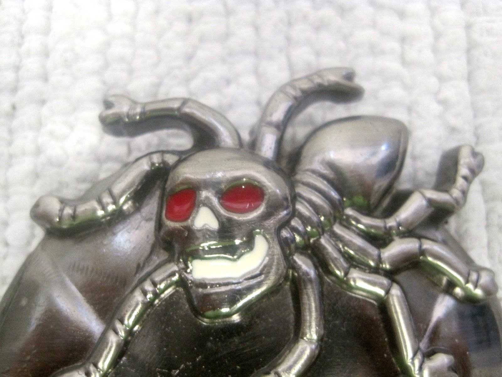 Folk Art Chrome Colored Skull w/Eight Legged Spider Belt Buckle 3&Prime; x 3 3/4&Prime;