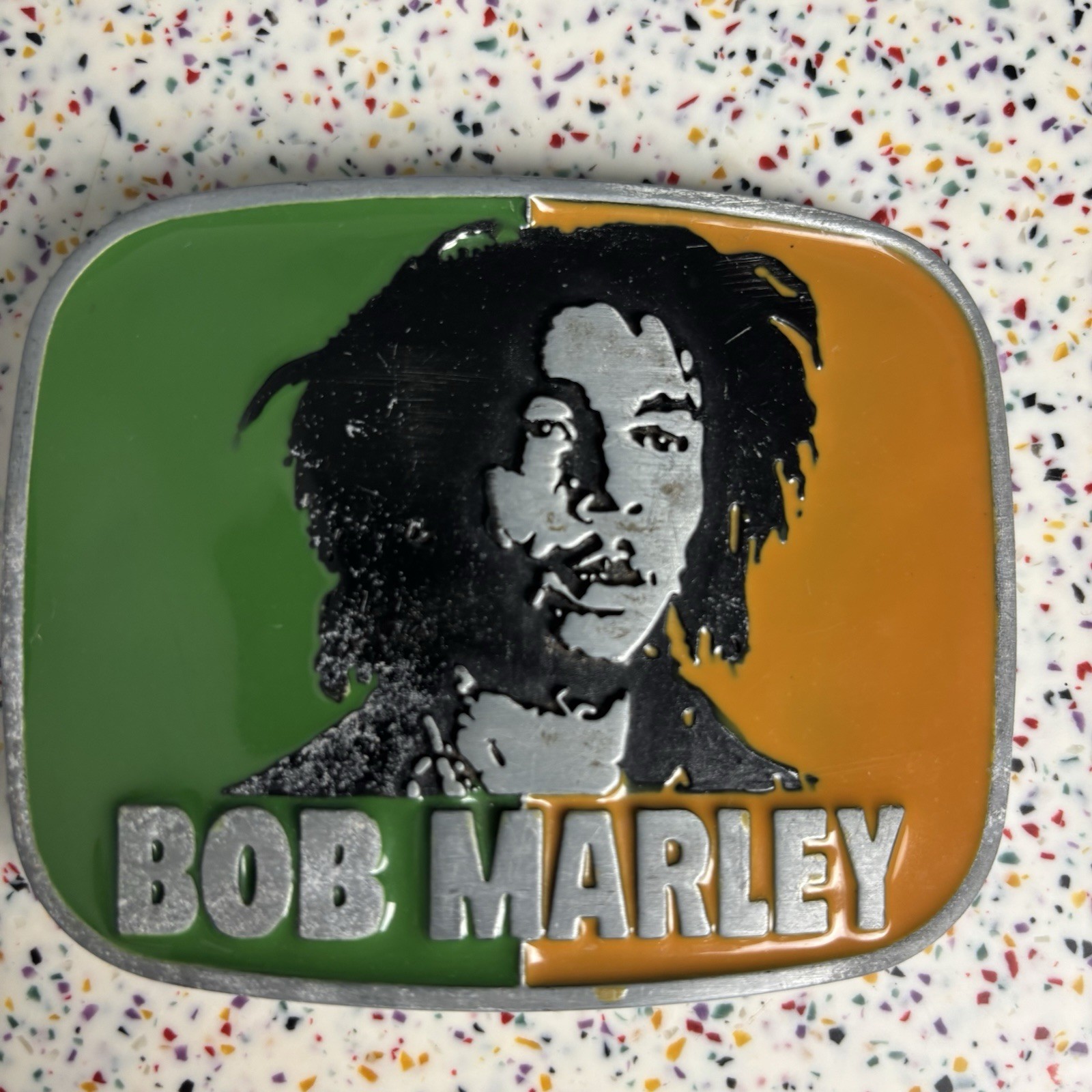 Vintage Y2K Bob Marley Orange Green Rasta Reggae Belt Buckle Hippie Herb Festive