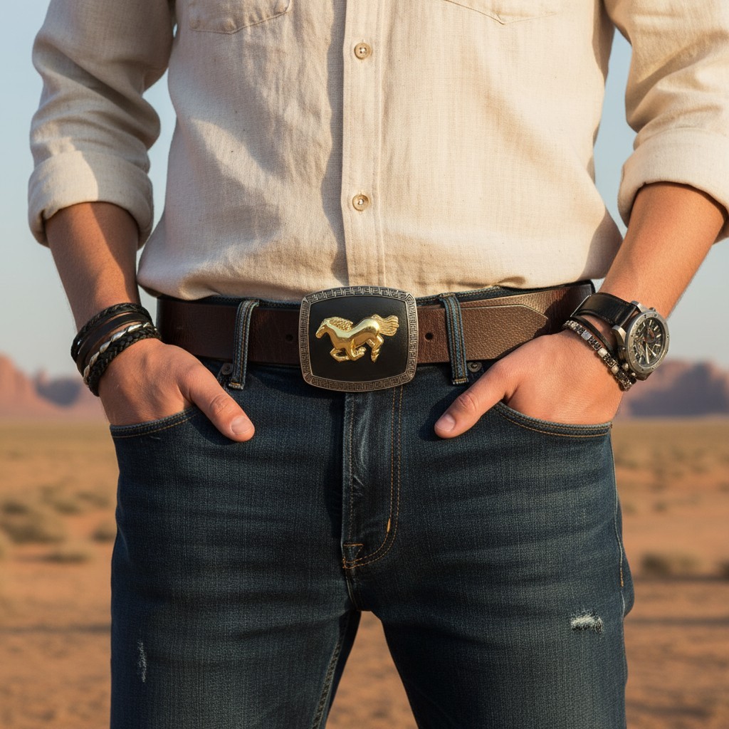 Men Women Western Belt Buckle Silver Metal Square Gold Rodeo Horse Black Fabric